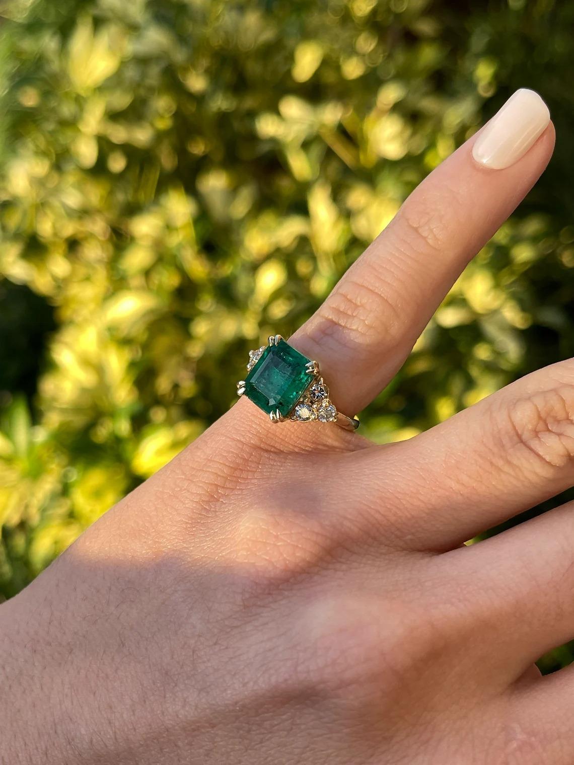 5.22tcw Freckled Dark Green Emerald-Emerald Cut & Diamond Accent Engagement Ring For Sale 4