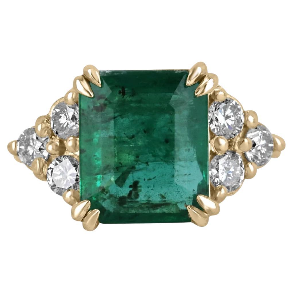 5.22tcw Freckled Dark Green Emerald-Emerald Cut & Diamond Accent Engagement Ring For Sale