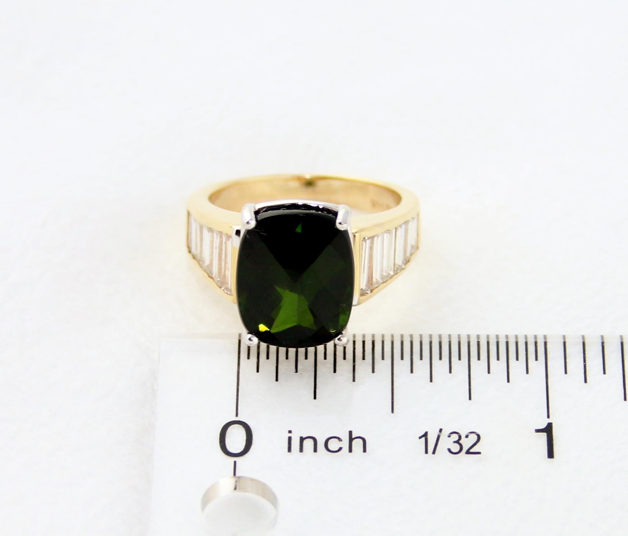 5.23 Carat Cushion Green Tourmaline Diamond Baguette Gold Ring For Sale 6