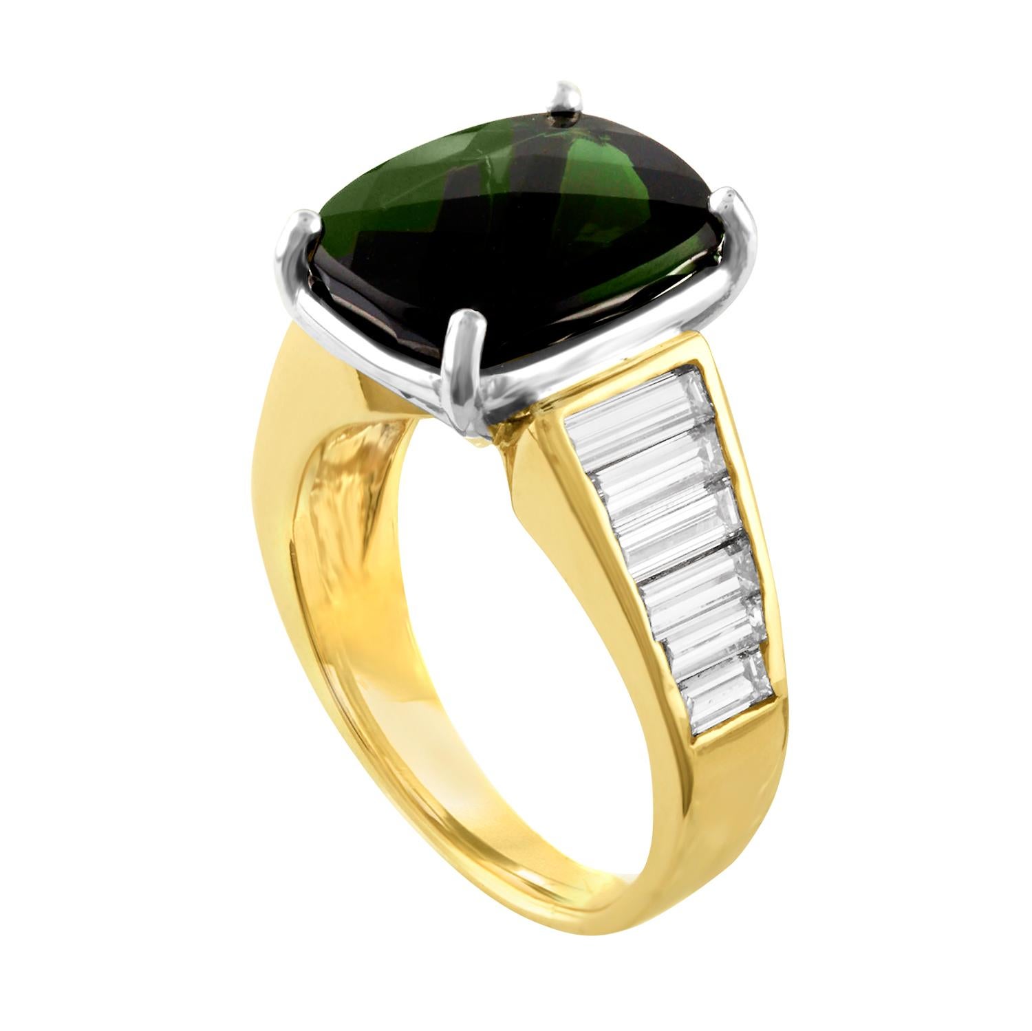 Beautiful Cocktail Ring
The ring is 14K White & Yellow Gold
The center stone is 5.23 Carats Cushion Green Tourmaline
There are 1.25 Carats in Baguette Diamonds F VS
The ring is a size 5.5, sizable.
The ring weighs 6.4 grams