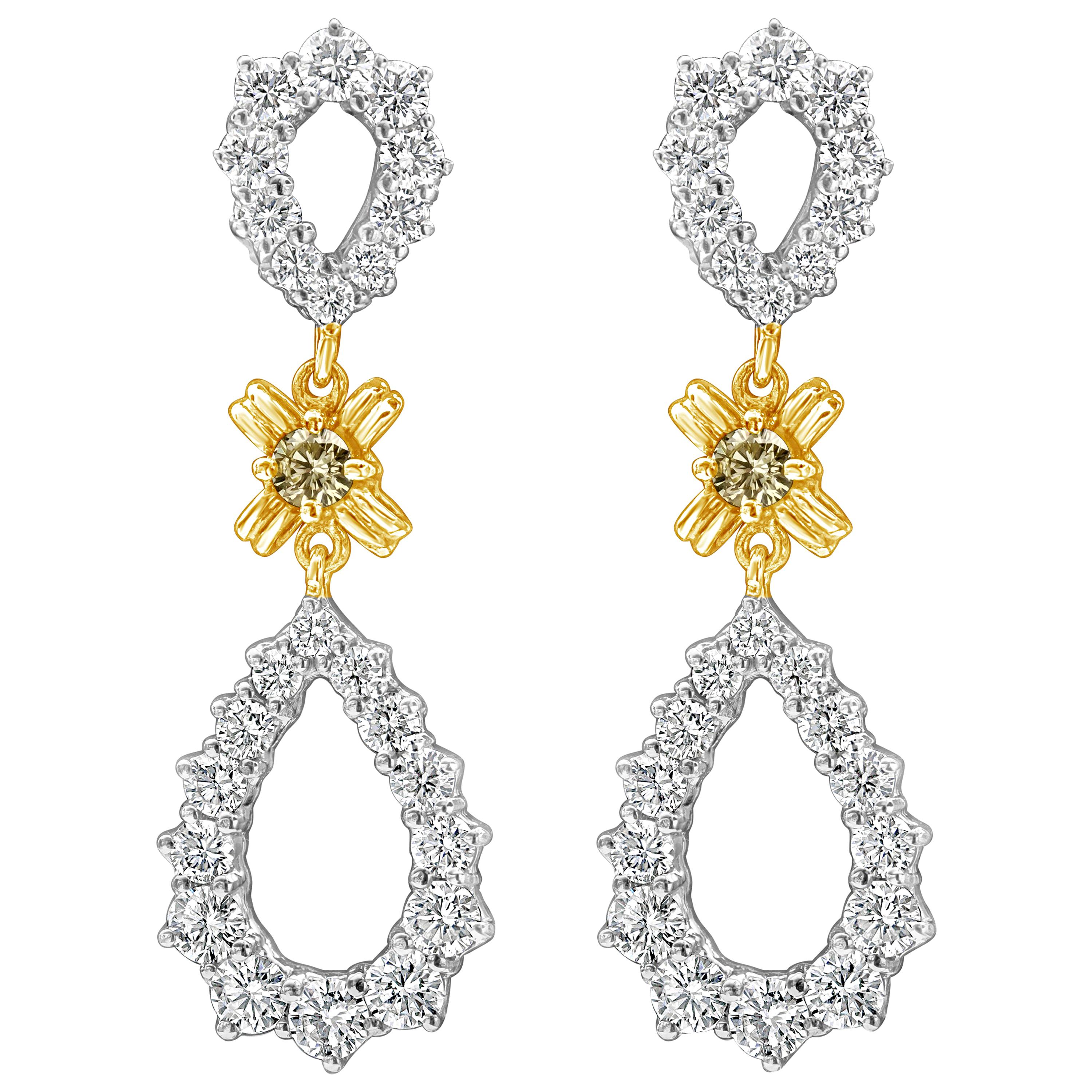 5.23 Carats Total Round Fancy Yellow and White Diamond Open-Work Dangle Earrings For Sale
