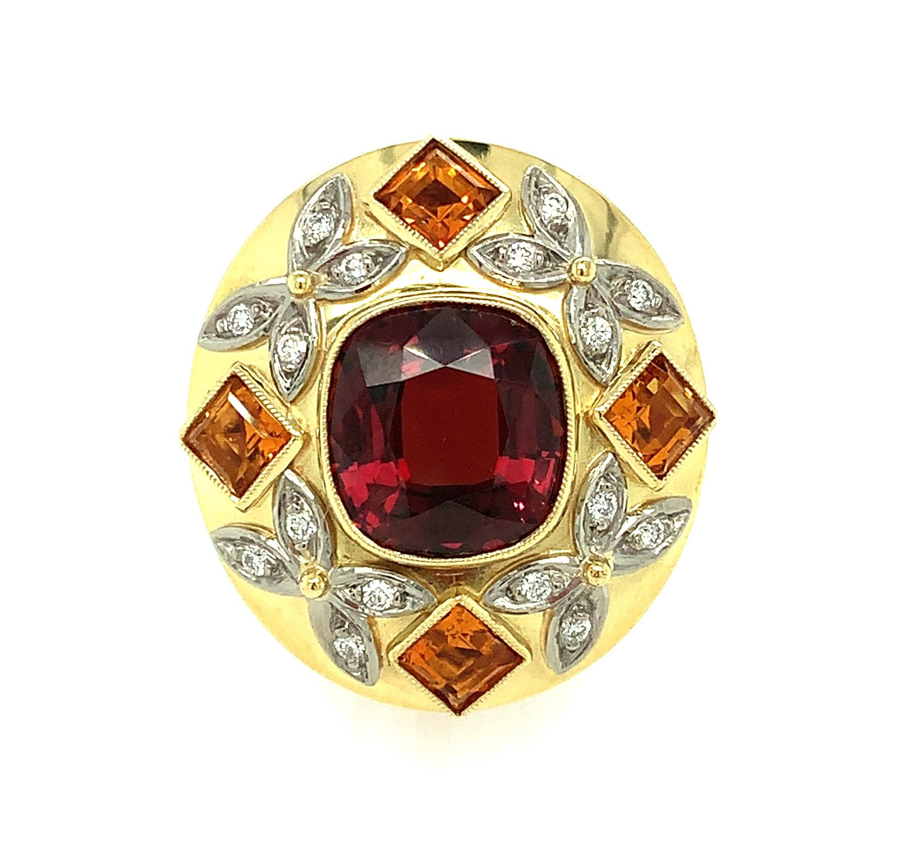 A fiery, orange-red spinel is set in this beautiful 18k yellow, rose and white gold handmade ring. The design is inspired by all things regal and is perfect for someone who is ready to make a statement! Square faceted citrines set in yellow gold