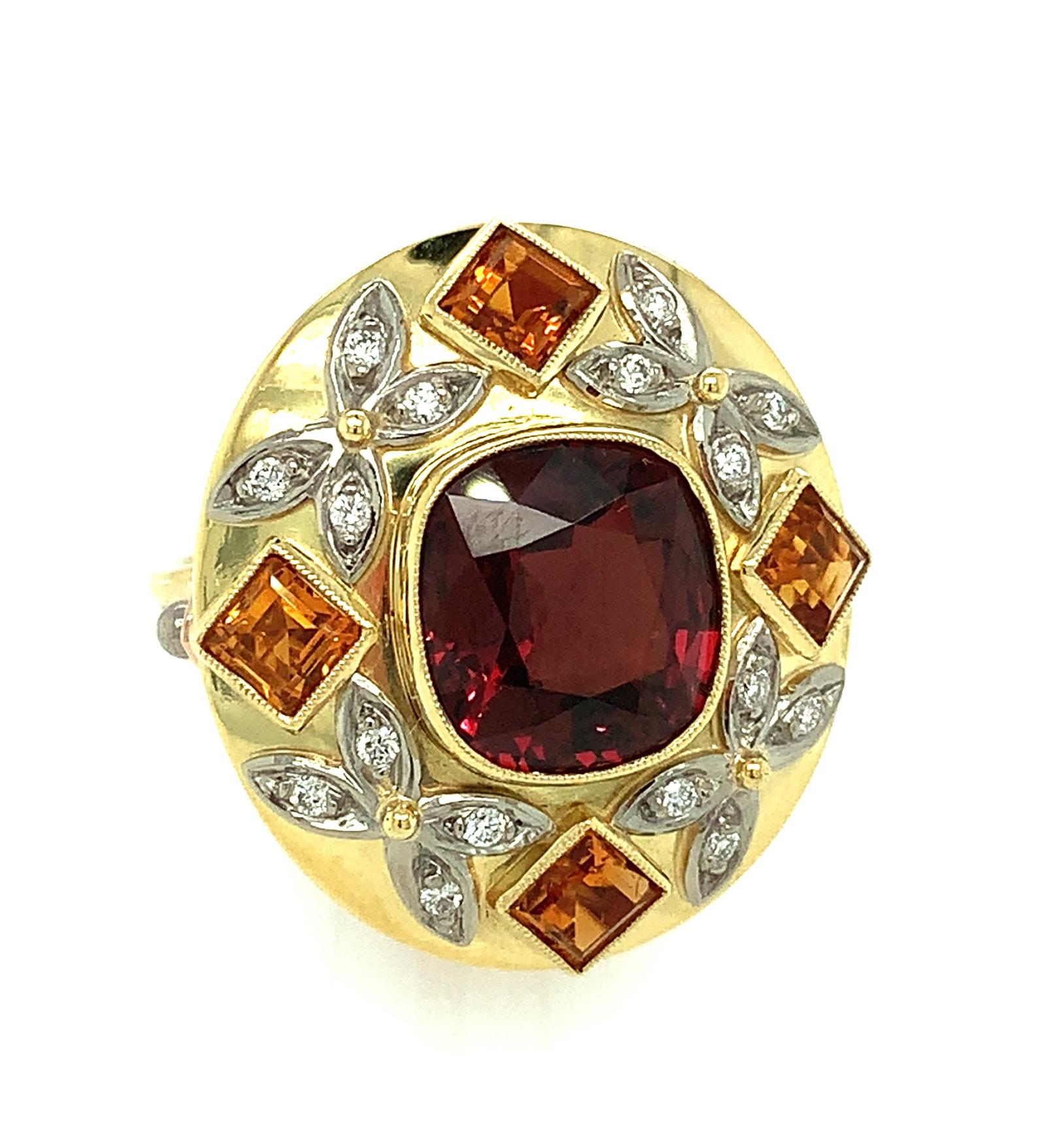 Artisan 5.23 Carat Red Spinel, Citrine and Diamond Cocktail Ring in Tri-colored Gold For Sale