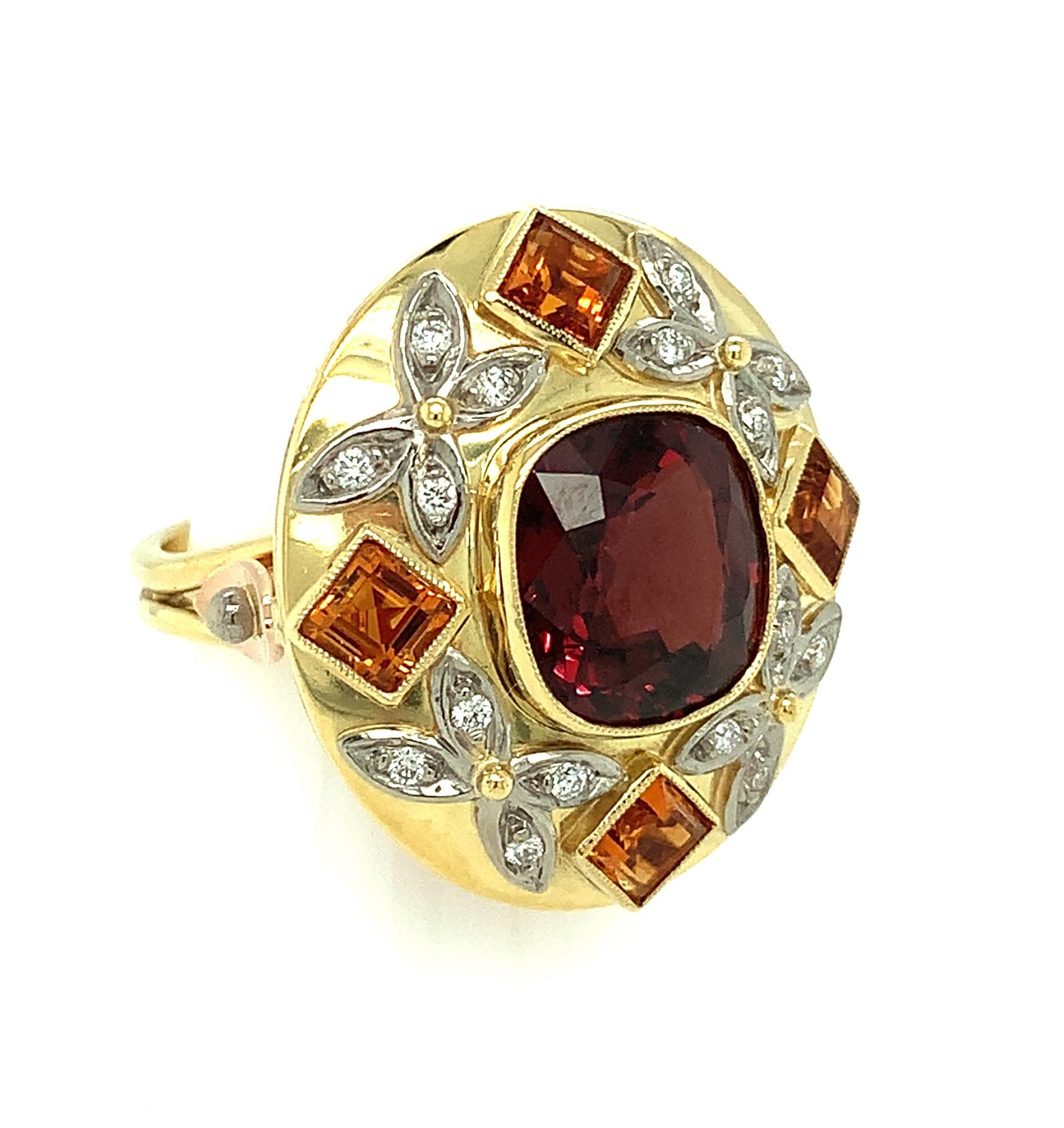 Cushion Cut 5.23 Carat Red Spinel, Citrine and Diamond Cocktail Ring in Tri-colored Gold For Sale