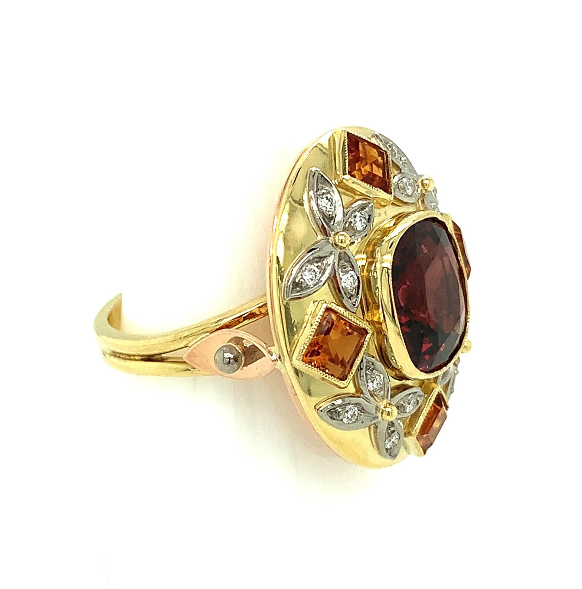 5.23 Carat Red Spinel, Citrine and Diamond Cocktail Ring in Tri-colored Gold In New Condition For Sale In Los Angeles, CA