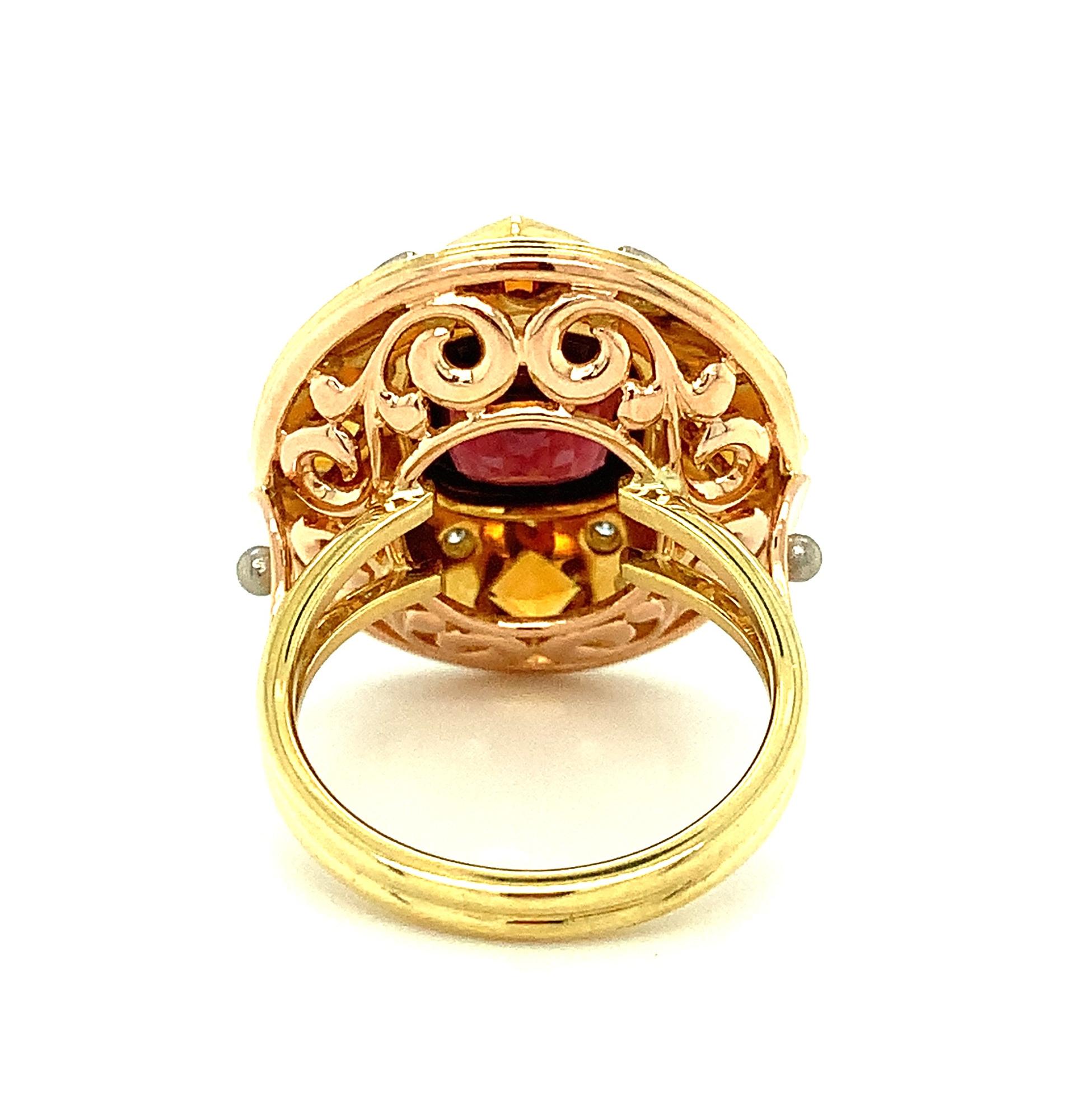 5.23 Carat Red Spinel, Citrine and Diamond Cocktail Ring in Tri-colored Gold For Sale 1