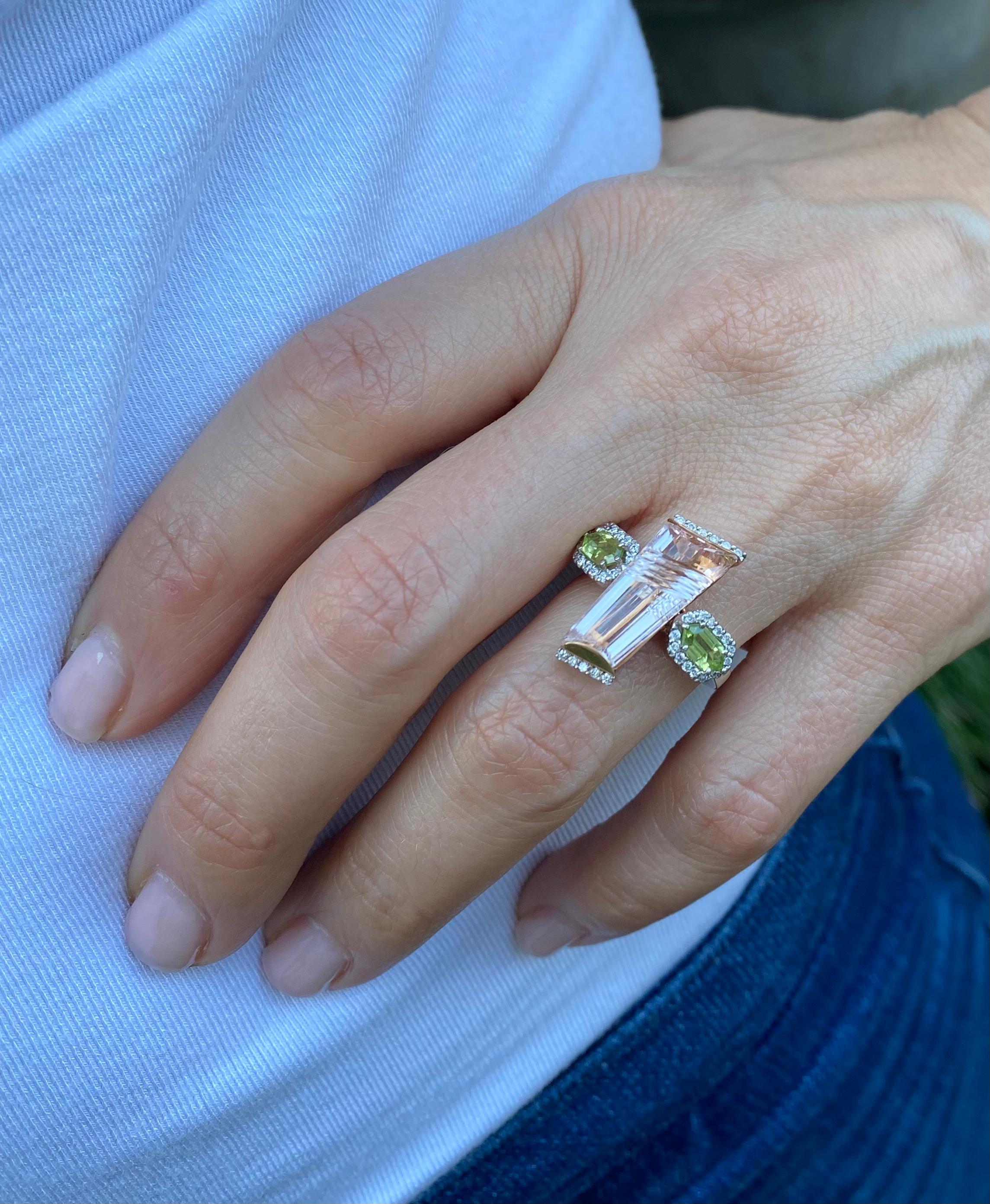 Modern 5.23 Carat Total Vintage Cut Morganite Peridot Diamond Ring