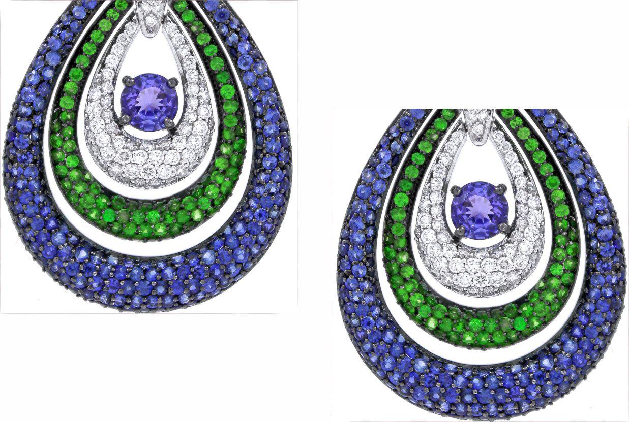 Round Cut 5.23 cts of Tsavorite and Blue sapphire Pear Drop Earrings For Sale