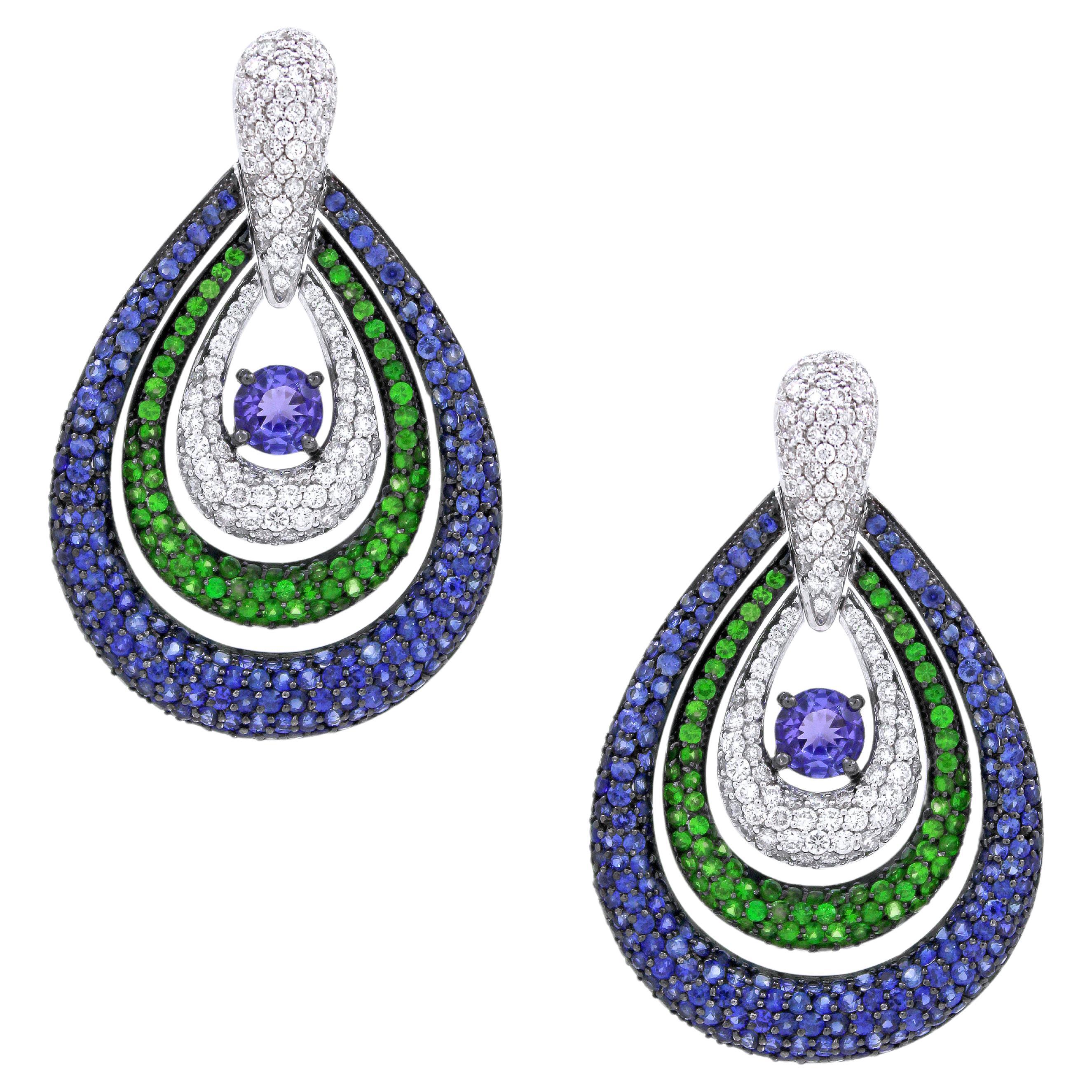 5.23 cts of Tsavorite and Blue sapphire Pear Drop Earrings