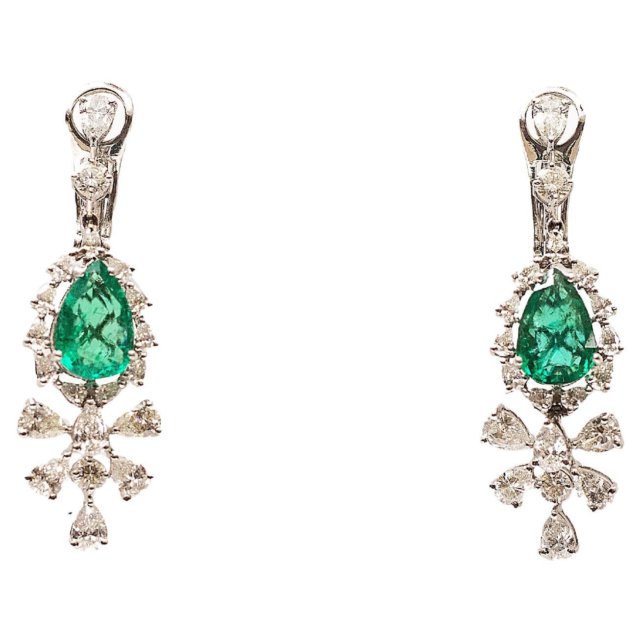 5.23 Pear and Round Diamond with Natural Emerald Earrings in 18K Gold For Sale