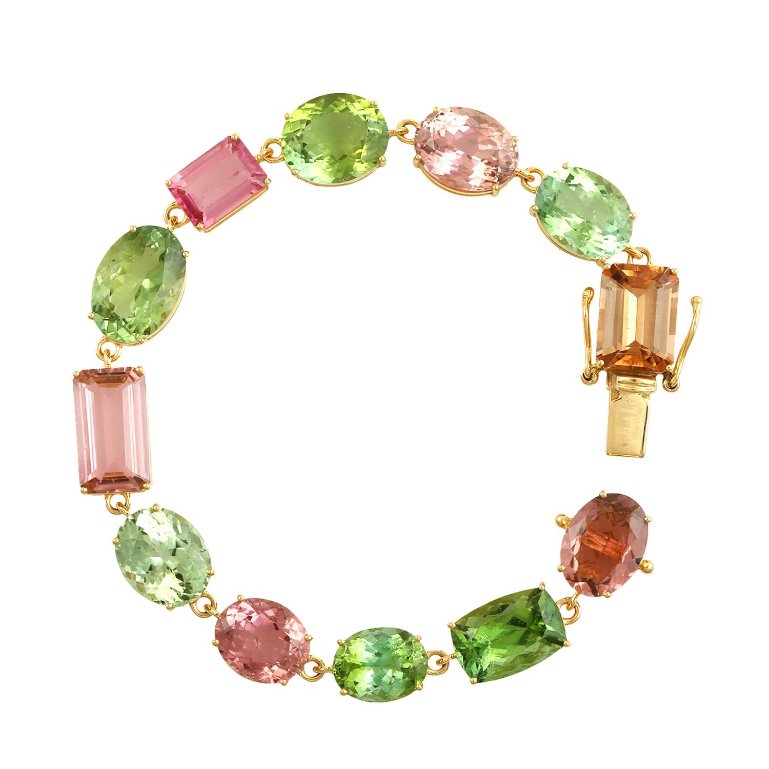 Contemporary 52.32ct Multi Tourmaline Bracelet Made In 18k yellow Gold For Sale