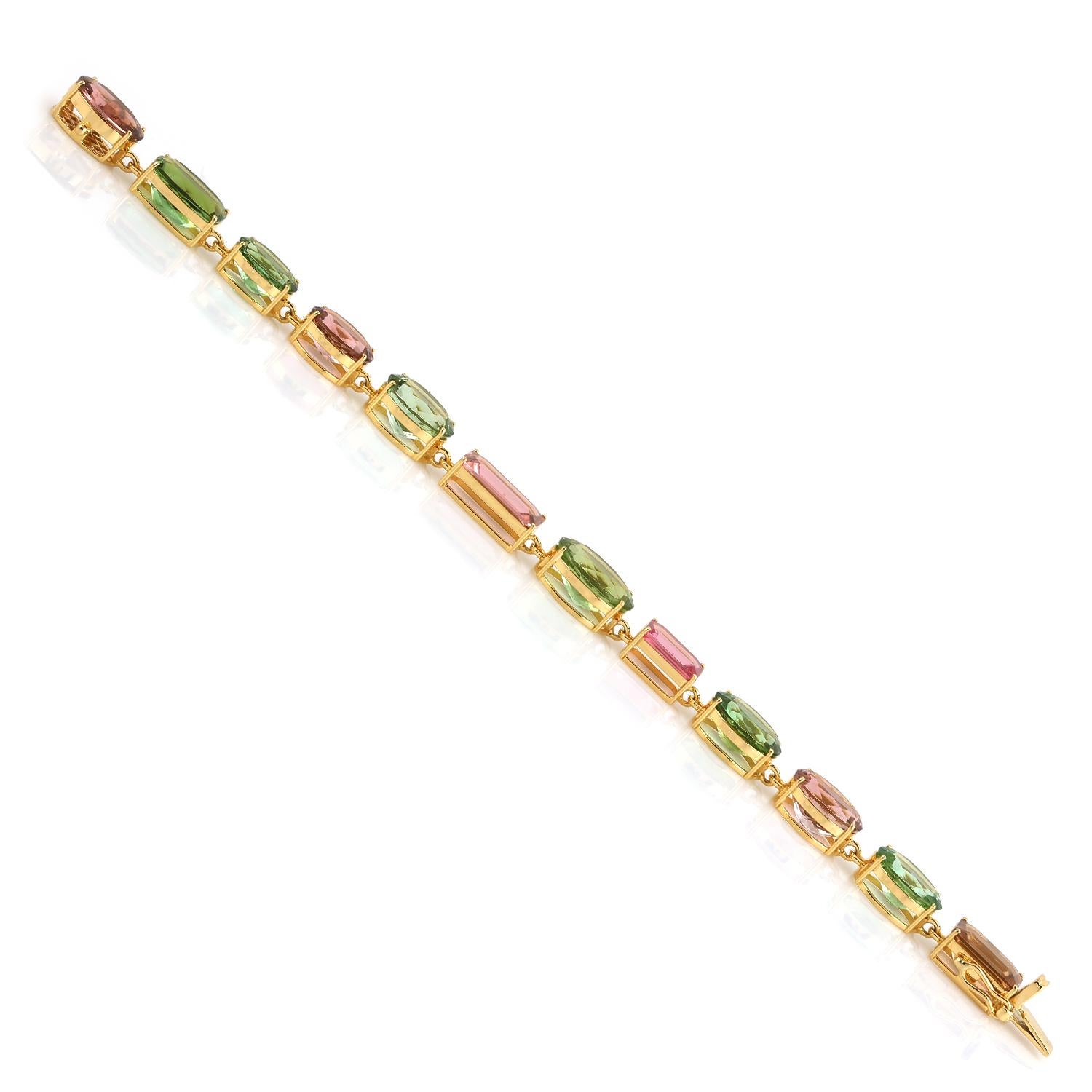 Mixed Cut 52.32ct Multi Tourmaline Bracelet Made In 18k yellow Gold For Sale