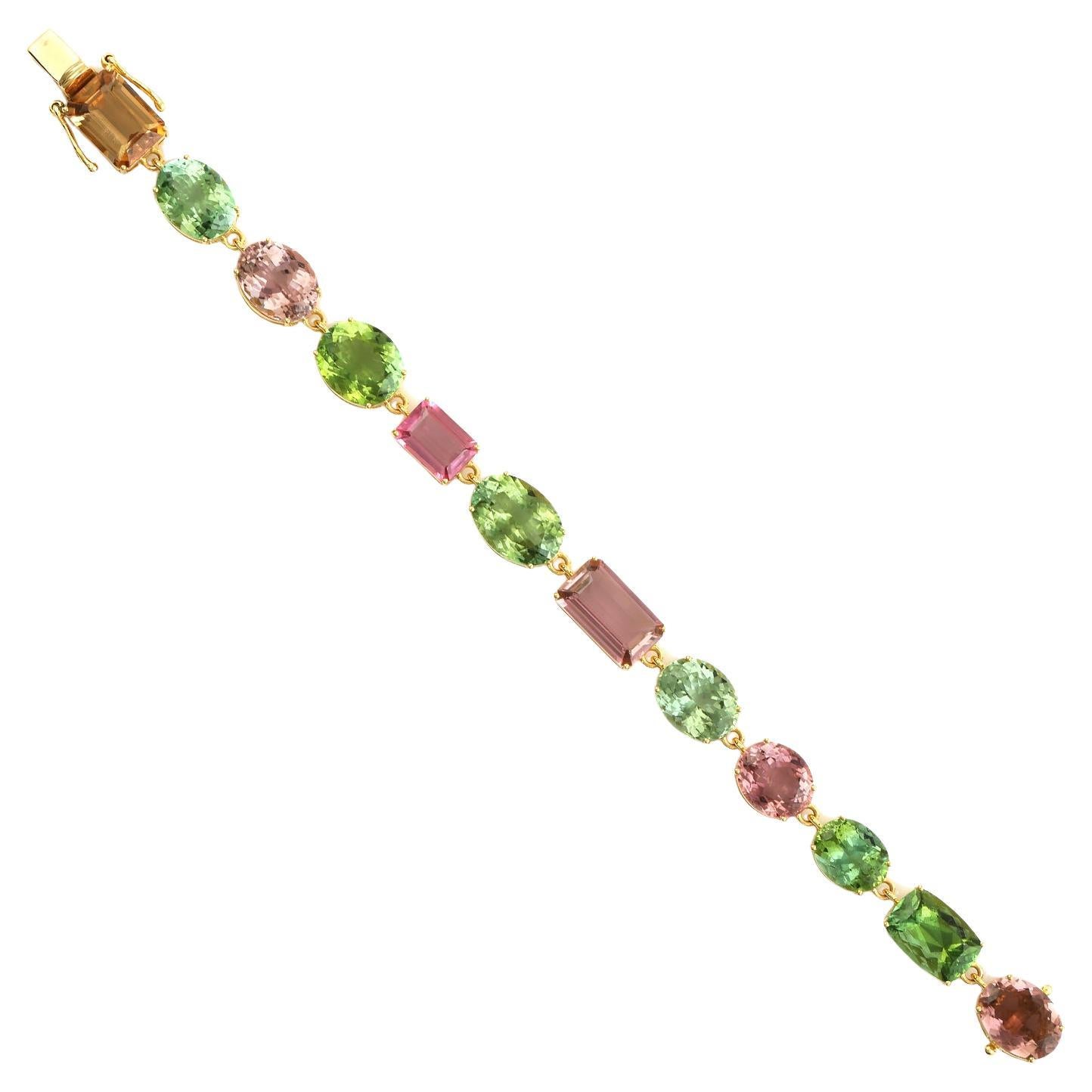 52.32ct Multi Tourmaline Bracelet Made In 18k yellow Gold For Sale