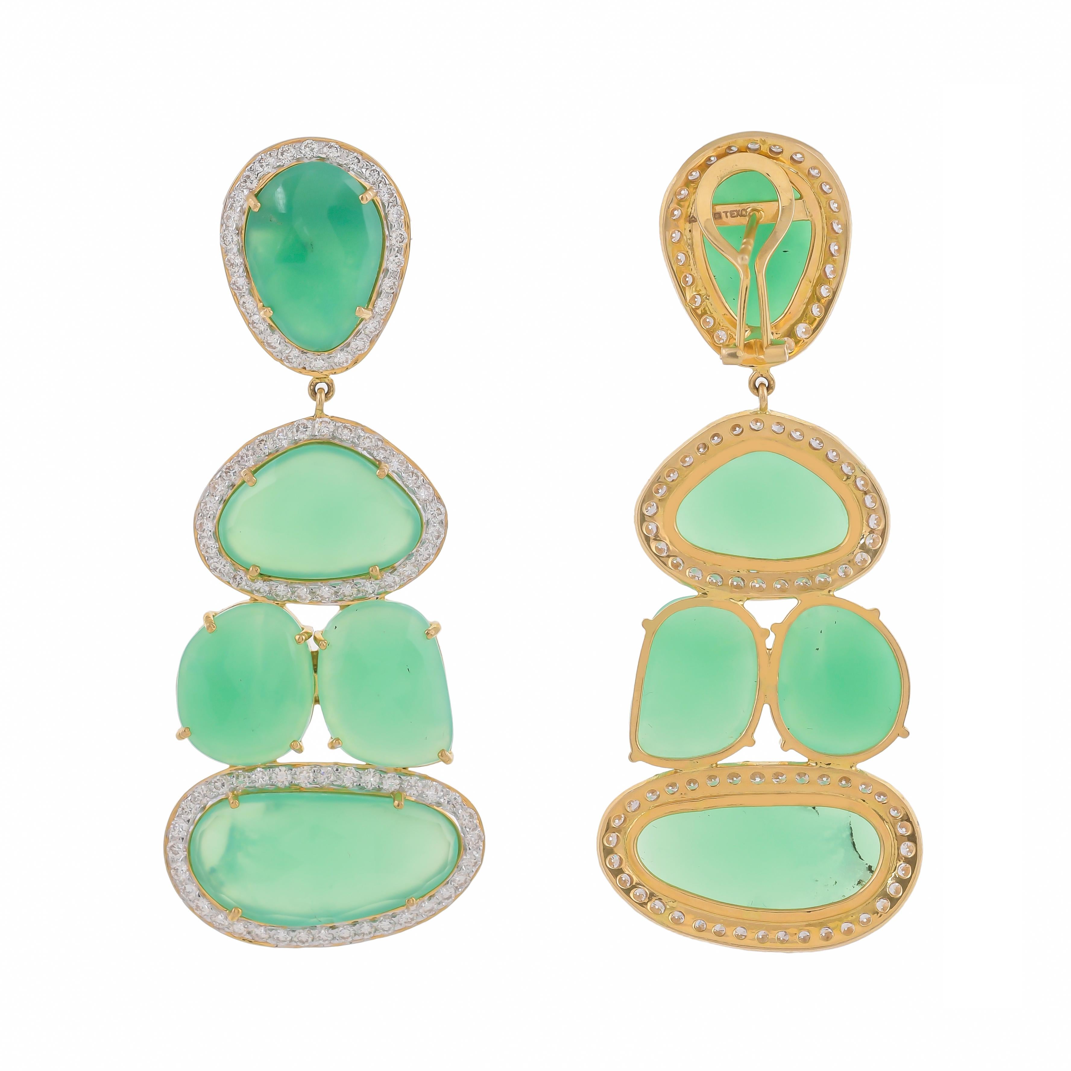 Modern 52.36 Carat Chrysoprase And Diamond 18 Karat Yellow Gold Earrings For Sale