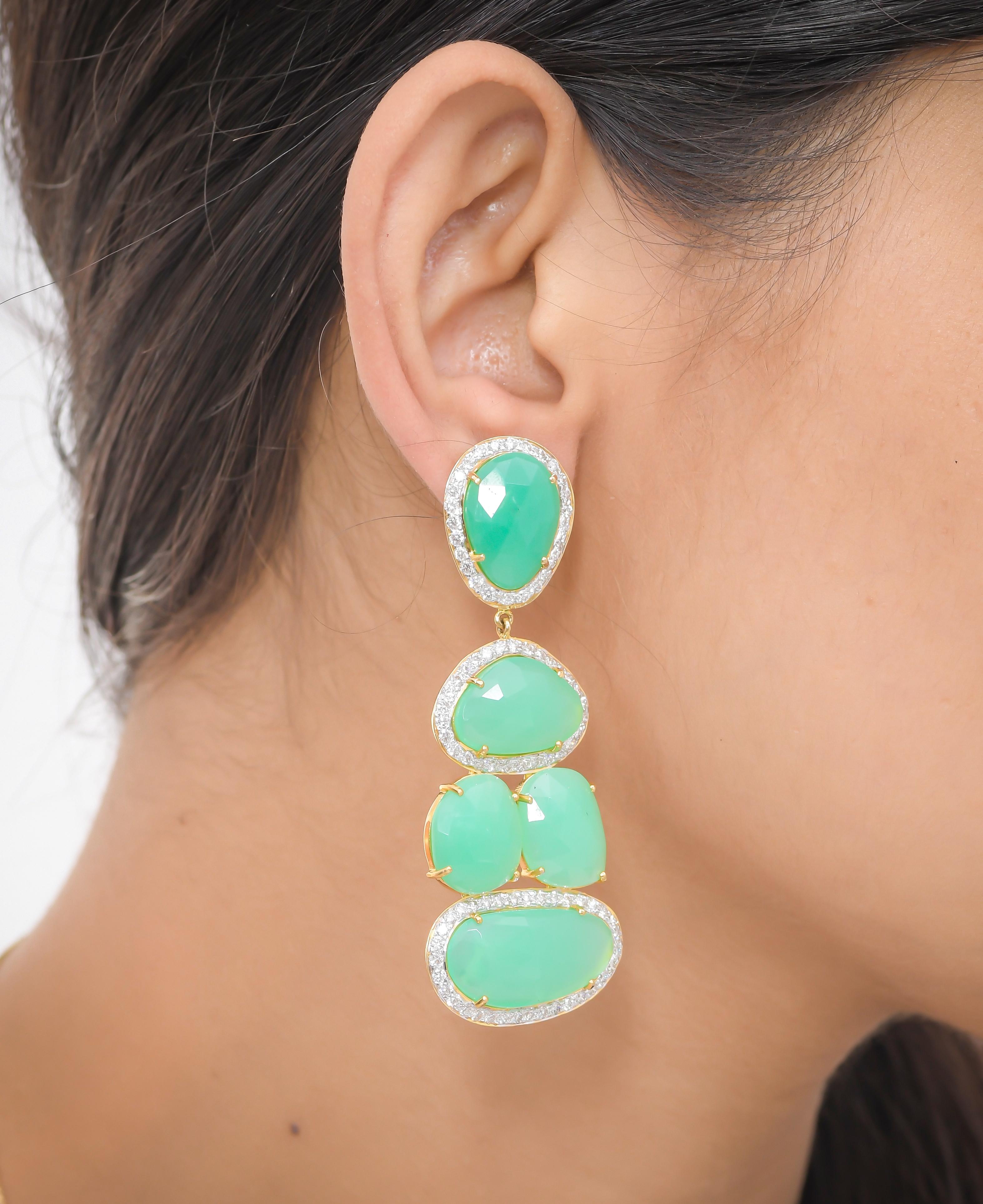 Cabochon 52.36 Carat Chrysoprase And Diamond 18 Karat Yellow Gold Earrings For Sale