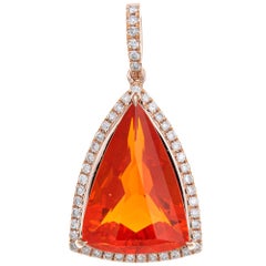 Vintage 5.23 Carat Fire Opal Diamond Pendant Estate 14k Gold Triangular Shape Jewelry