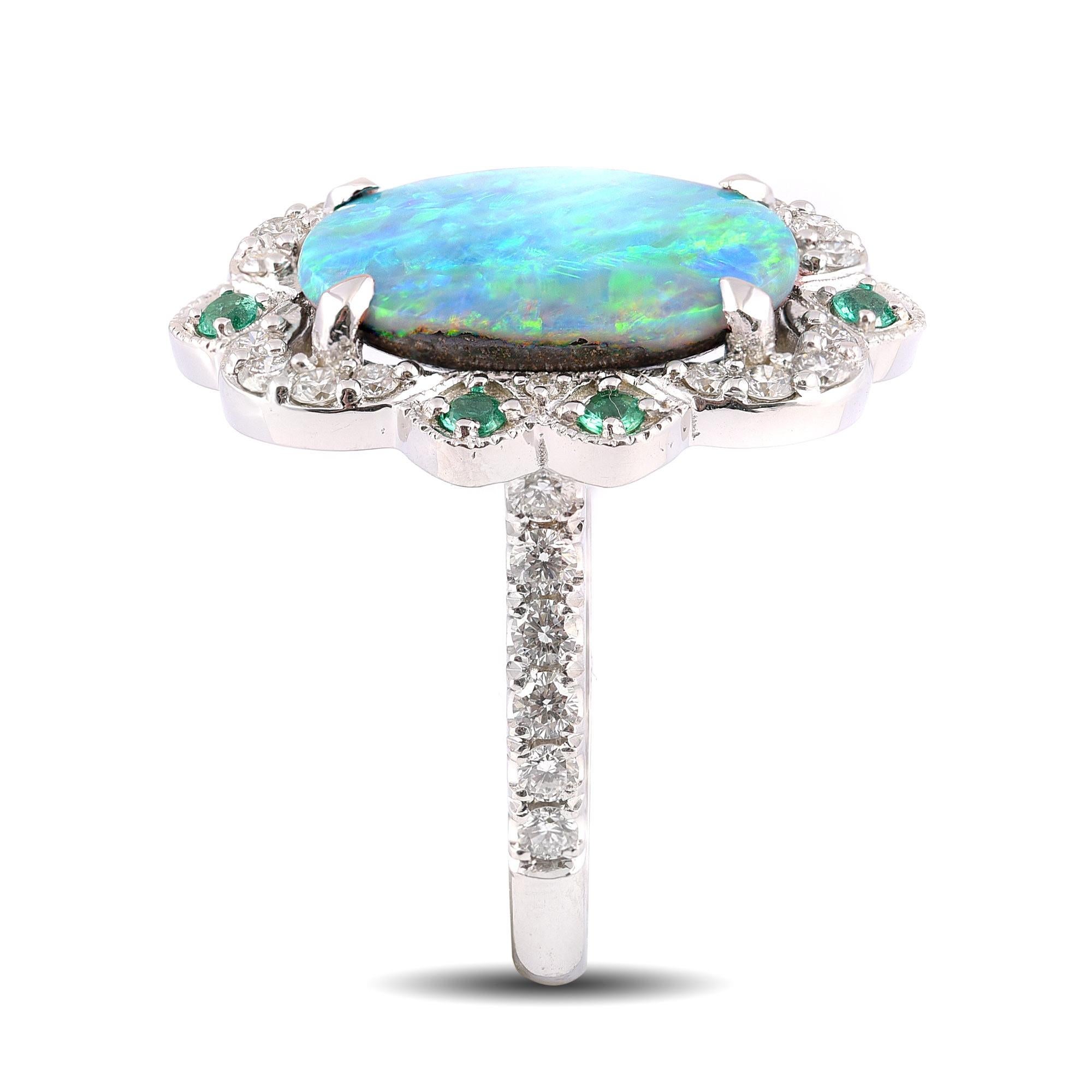 Oval Cut 5.24 Carat Australian Boulder Opal Diamond Emerald 18K White Gold Ring For Sale