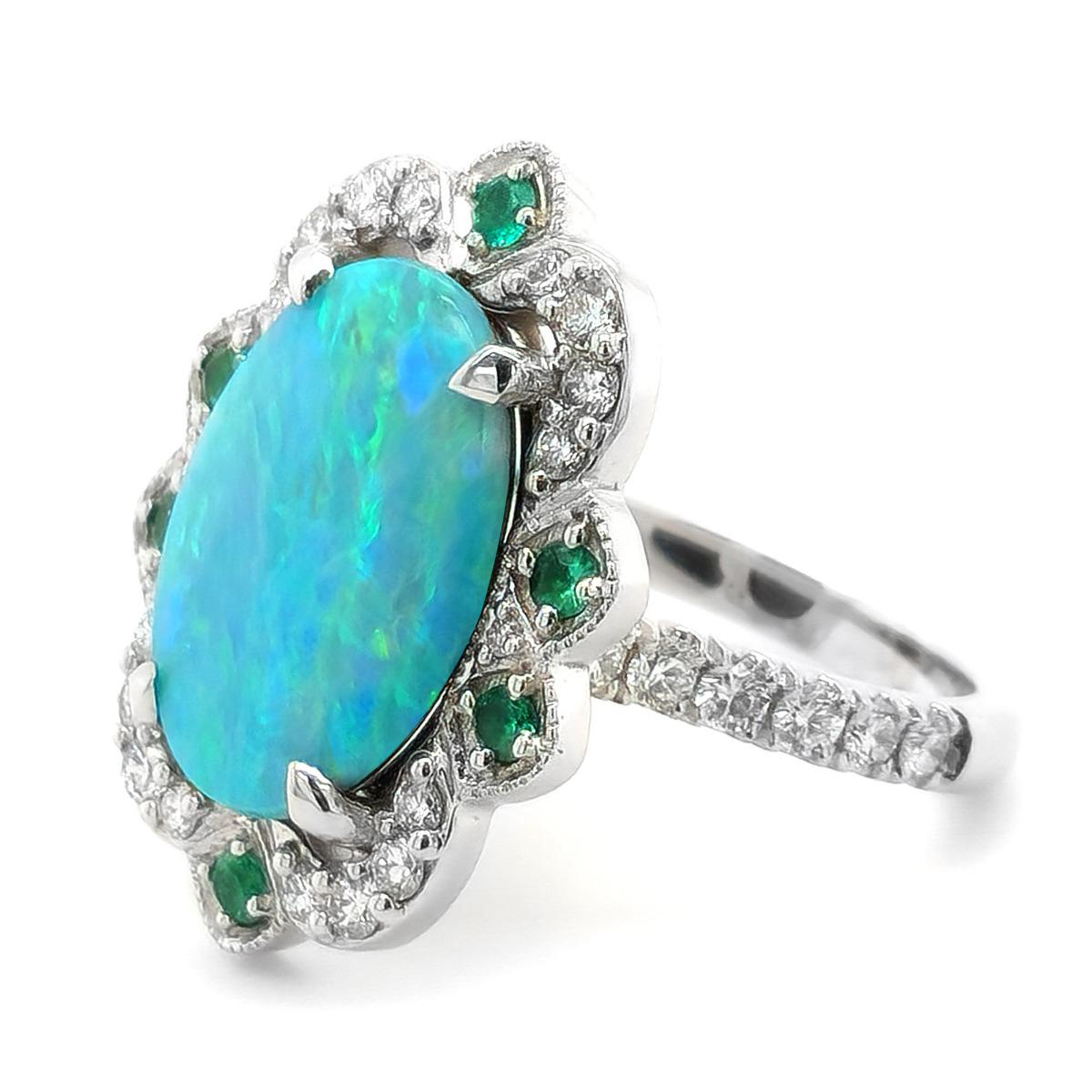5.24 Carat Australian Boulder Opal Diamond Emerald 18K White Gold Ring In New Condition For Sale In Los Angeles, CA