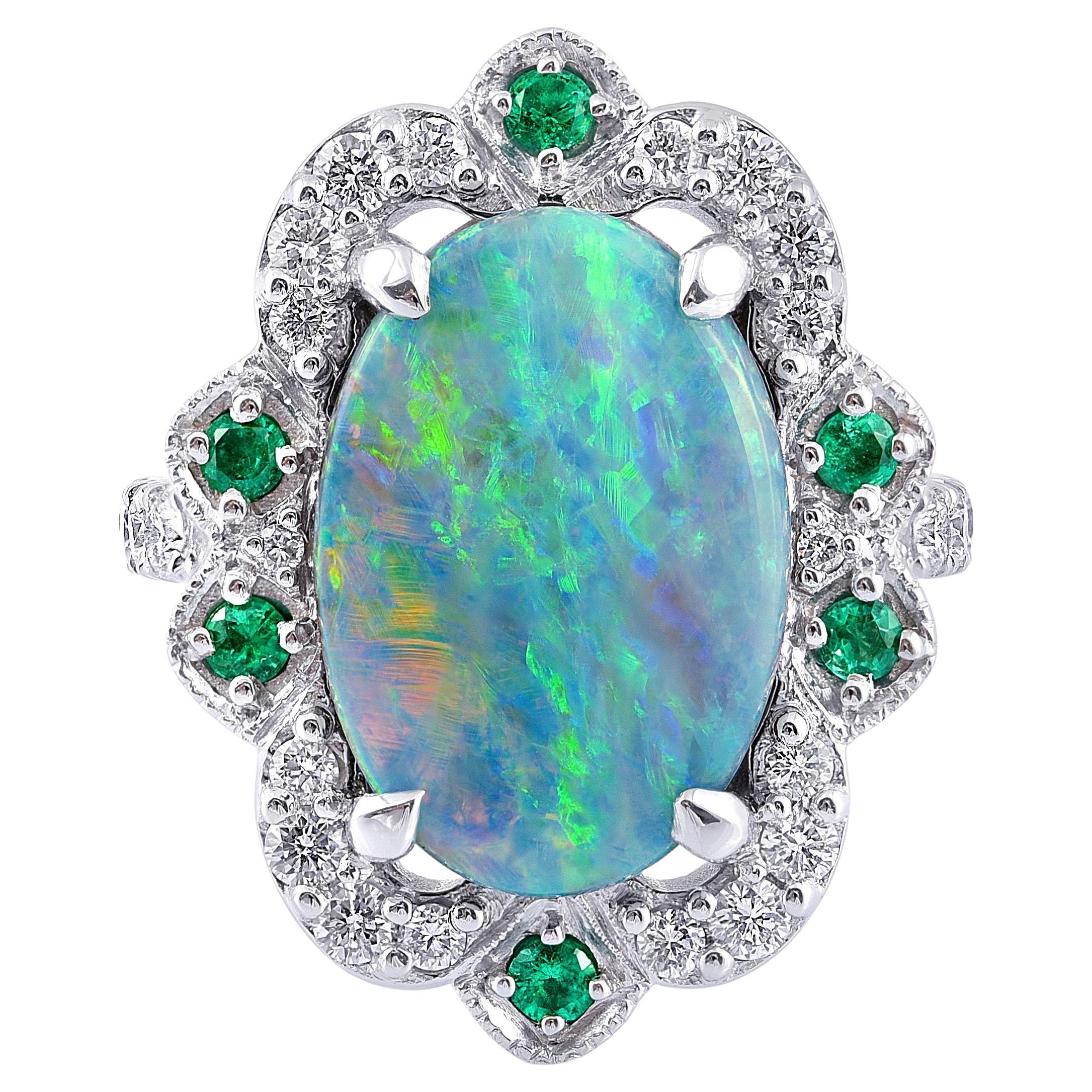 5.24 Carat Australian Boulder Opal Diamond Emerald 18K White Gold Ring