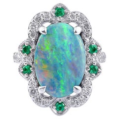 5.24 Carat Australian Boulder Opal Diamond Emerald 18K White Gold Ring