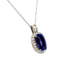 5.24 Carat Cushion Tanzanite and Diamond Platinum Pendant Necklace
