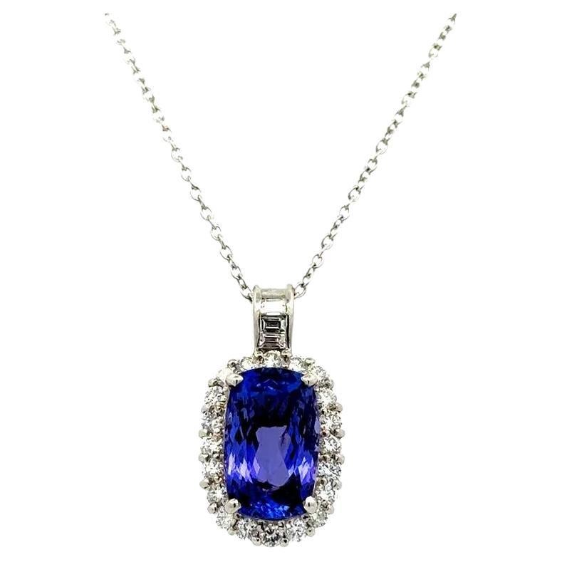 5.24 Carat Cushion Tanzanite and Diamond Platinum Pendant Necklace