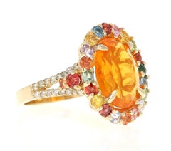 5.24 Carat Fire Opal Sapphire Diamond 14 Karat Yellow Gold Cocktail Ring
