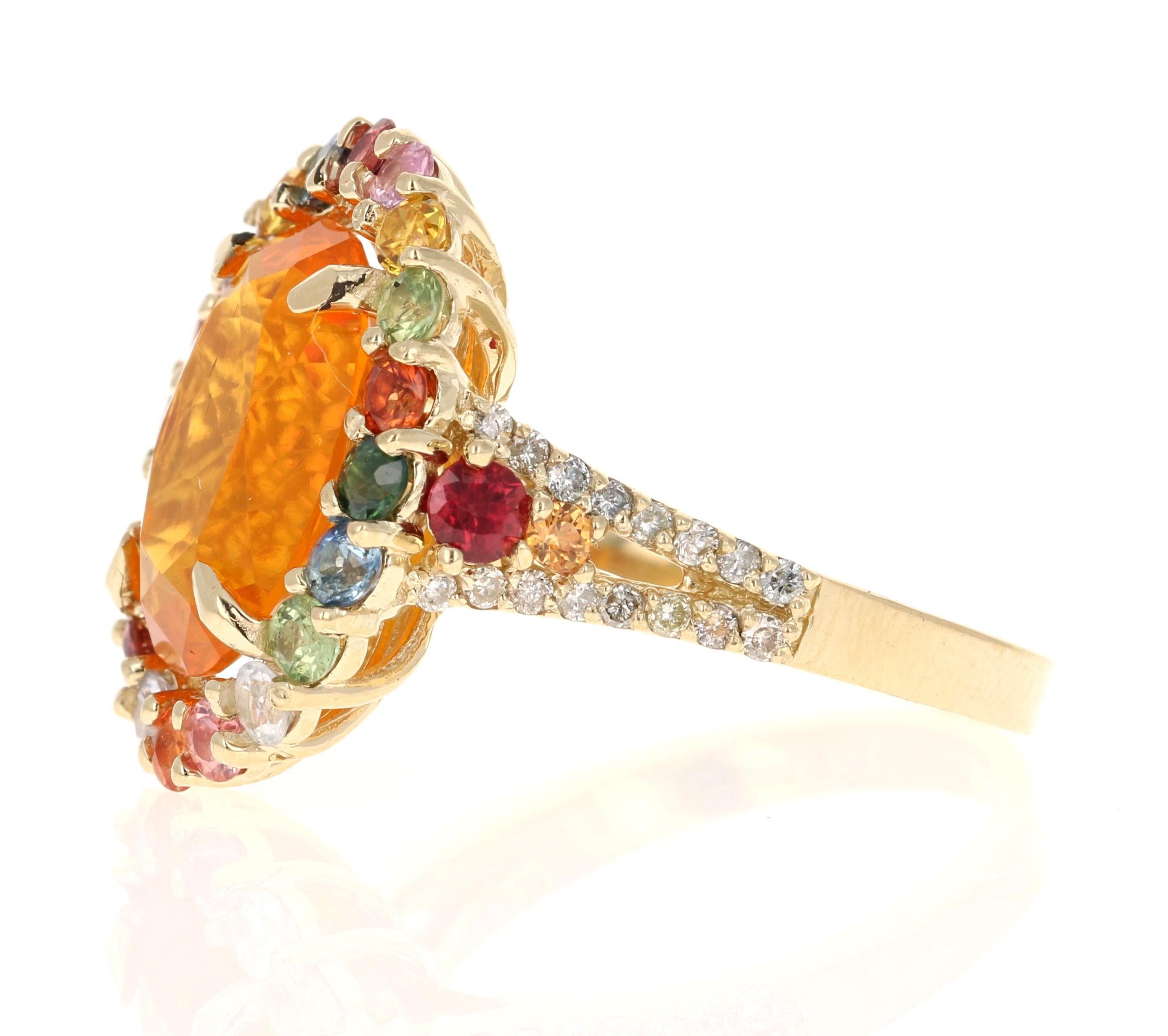 Contemporary 5.24 Carat Fire Opal Sapphire Diamond 14 Karat Yellow Gold Cocktail Ring For Sale
