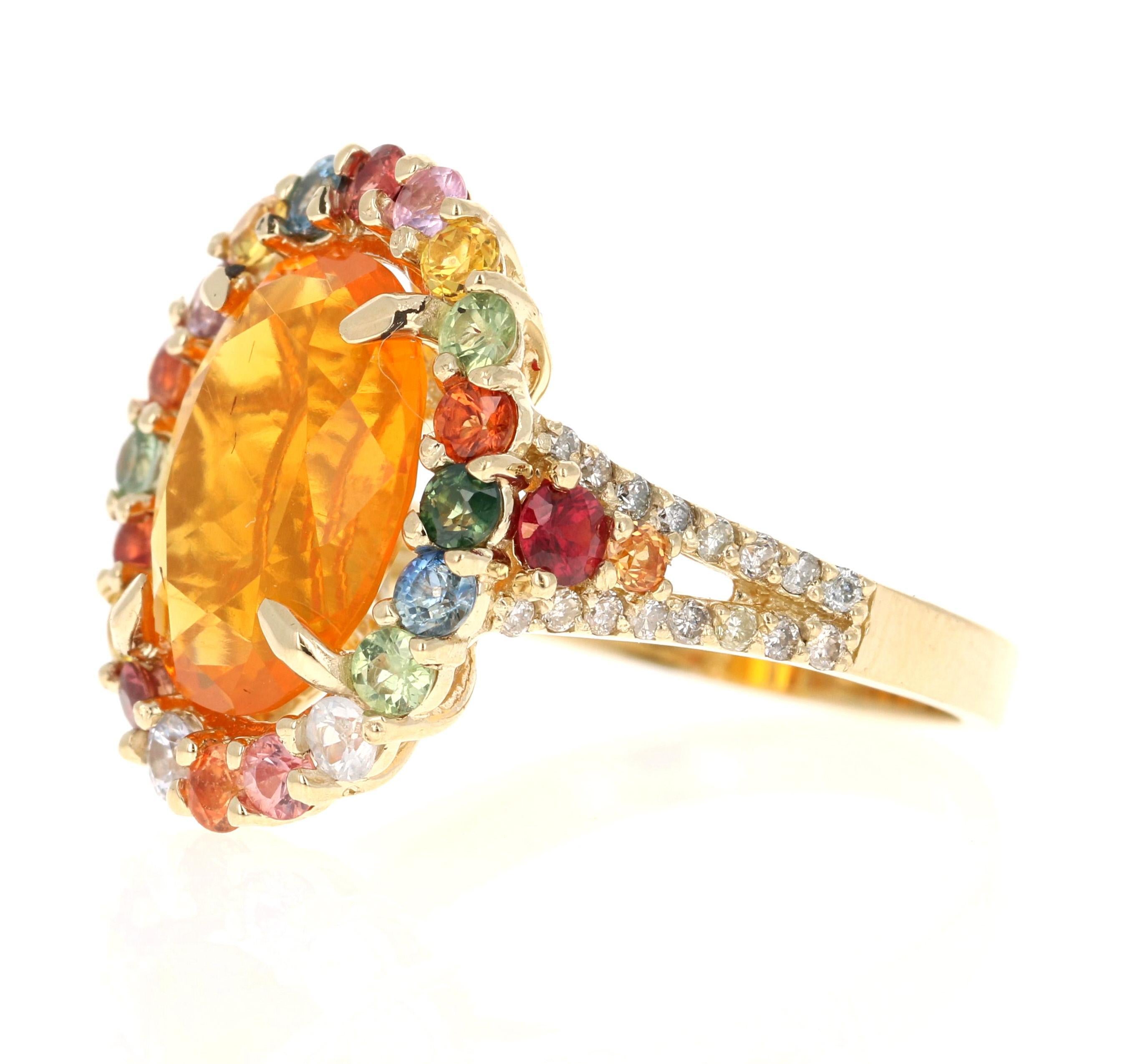 5.24 Carat Fire Opal Sapphire Diamond 14 Karat Yellow Gold Cocktail Ring In New Condition For Sale In Los Angeles, CA