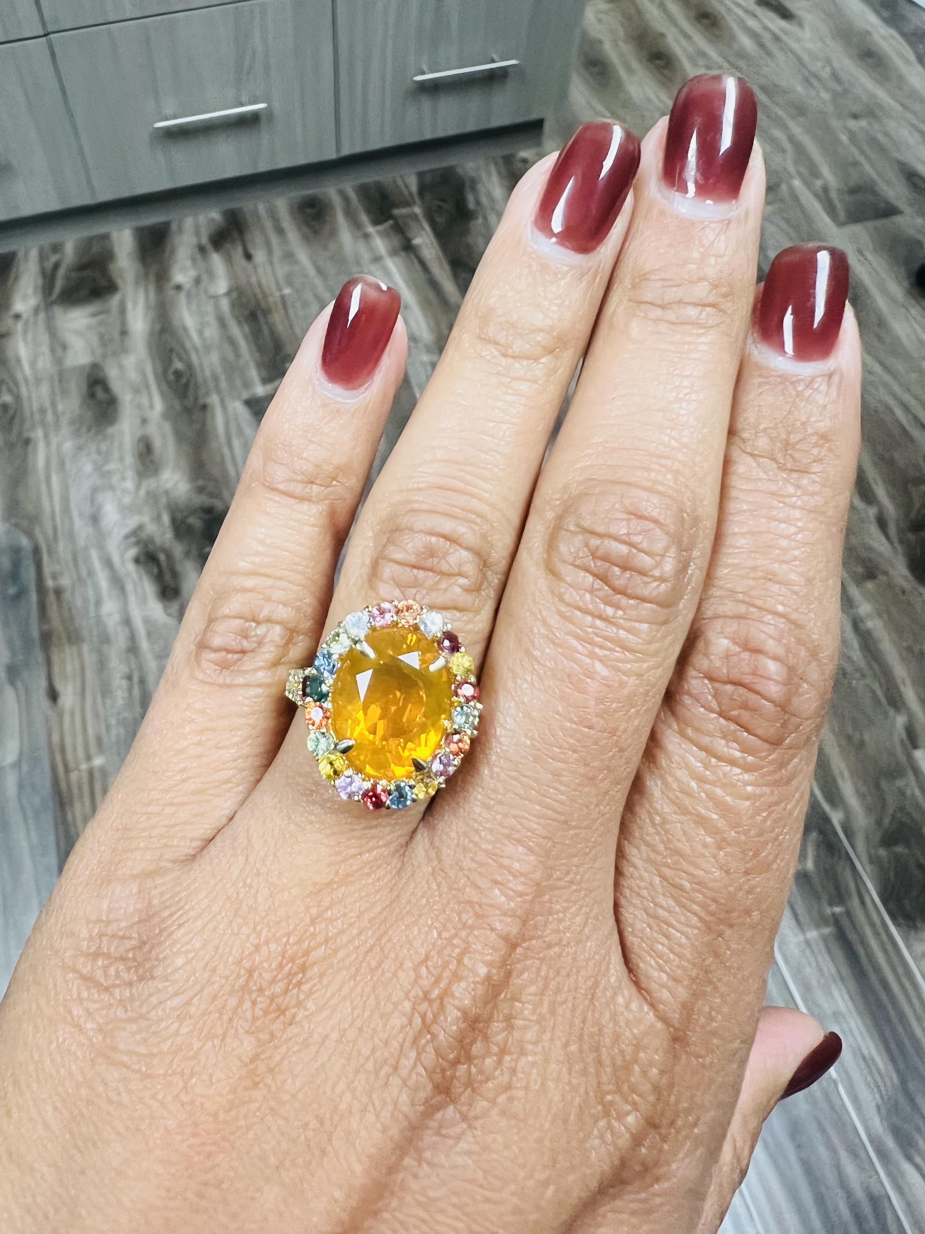 5.24 Carat Fire Opal Sapphire Diamond 14 Karat Yellow Gold Cocktail Ring For Sale 2