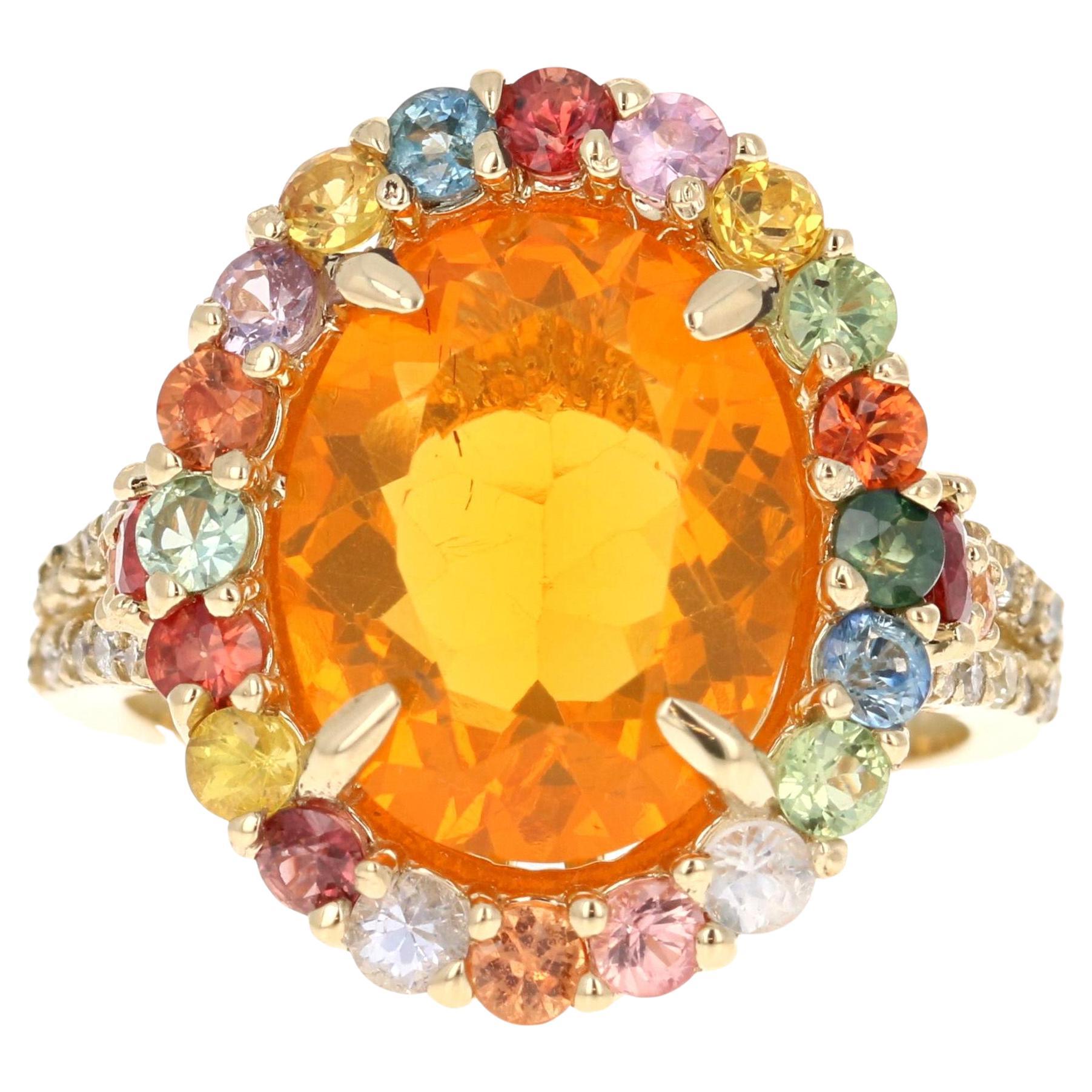 5.24 Carat Fire Opal Sapphire Diamond 14 Karat Yellow Gold Cocktail Ring