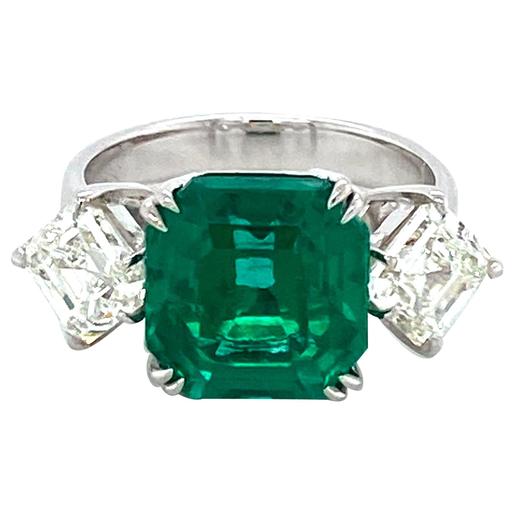 5.24 Carat GRS Certified Octagon Cut Emerald and Diamond Gold Engagement Ring