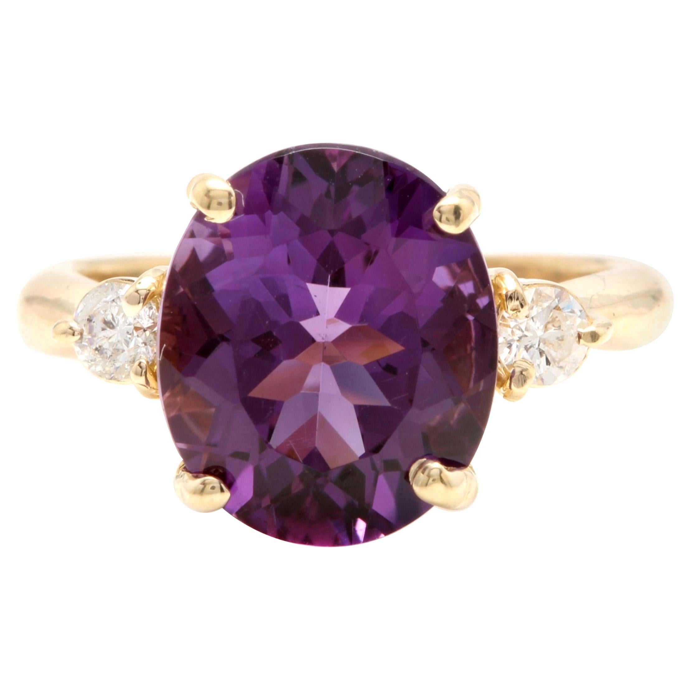 Bague en or jaune 14 carats avec améthyste naturelle impressionnante de 5,24 carats et diamants