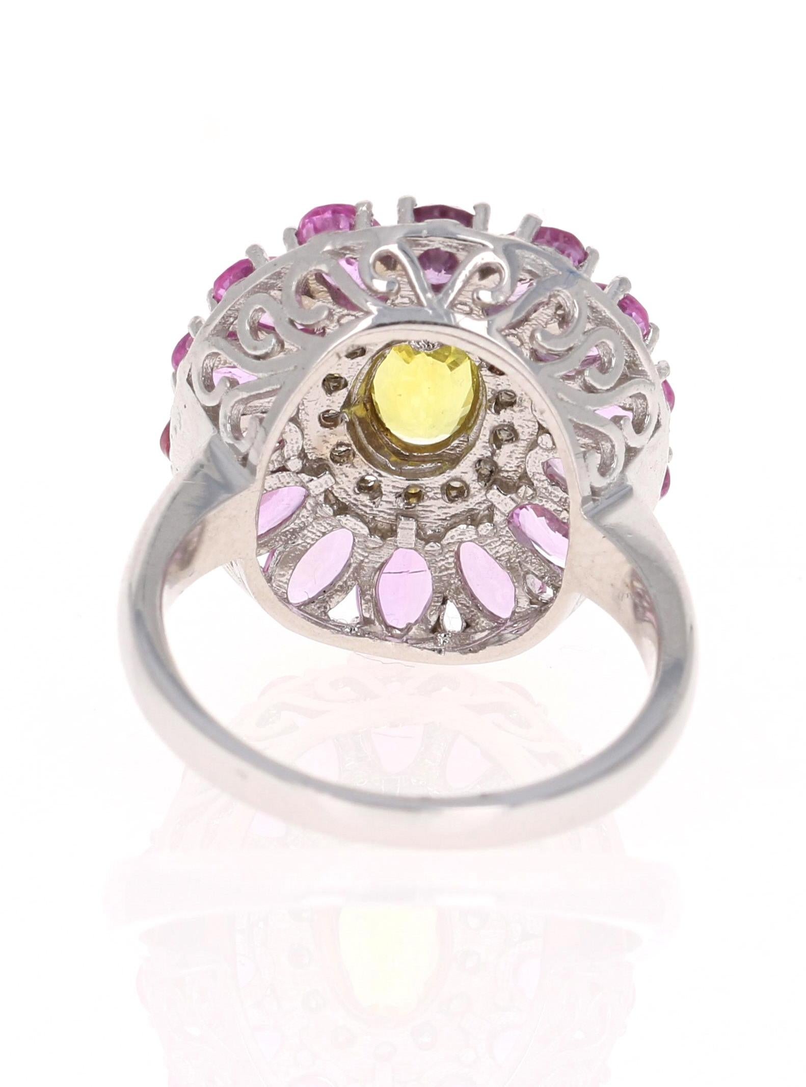 Oval Cut 5.24 Carat Pink Yellow Sapphire Diamond 14 Karat White Gold Cocktail Ring