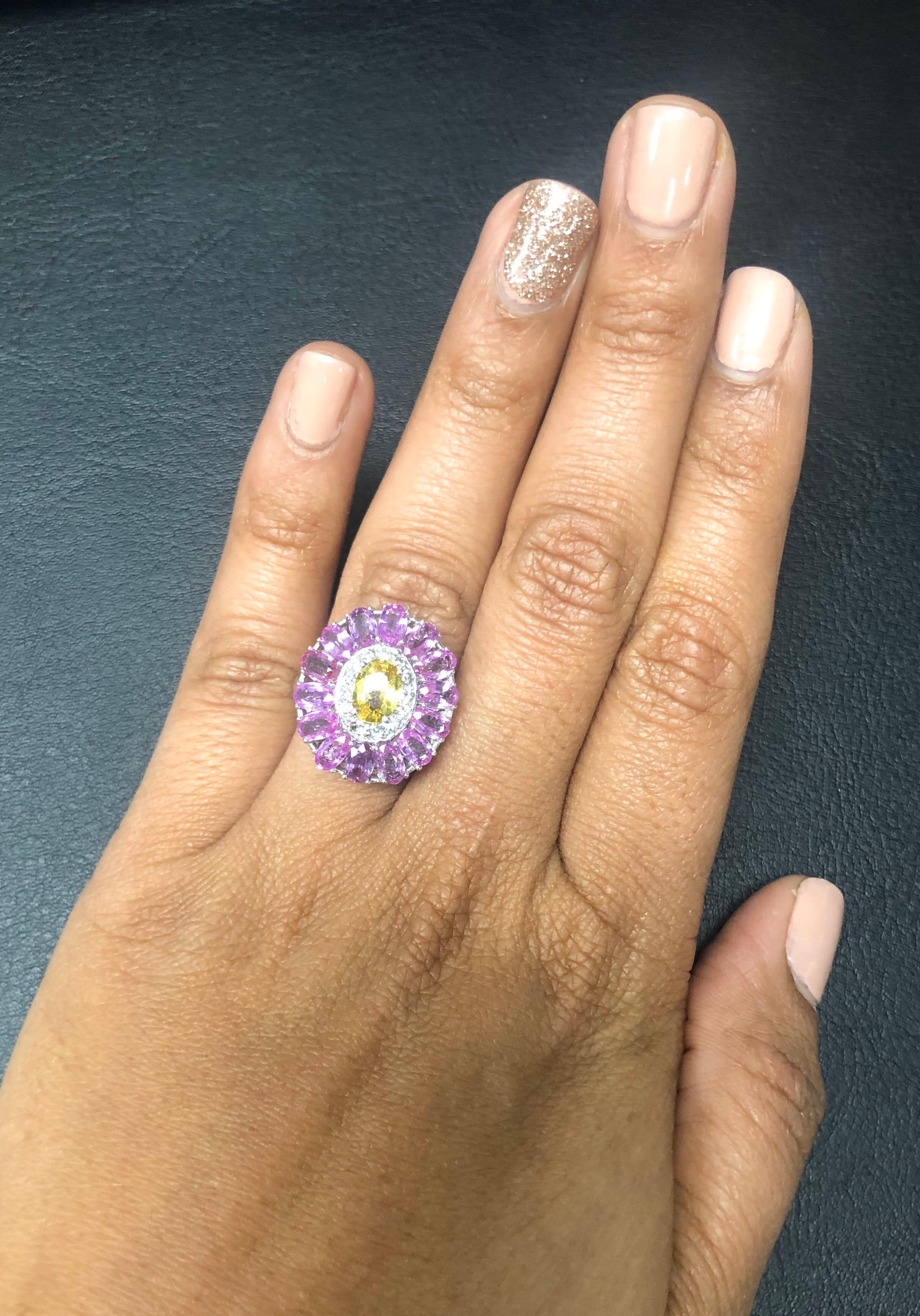 5.24 Carat Pink Yellow Sapphire Diamond 14 Karat White Gold Cocktail Ring In New Condition In Los Angeles, CA