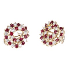 5.24 Carat Ruby Diamond Yellow Gold Swirl Clip Post Earrings