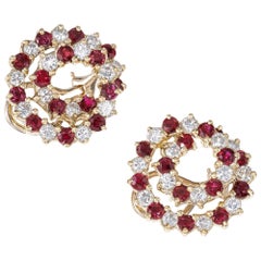 5.24 Carat Ruby Diamond Yellow Gold Swirl Clip Post Earrings