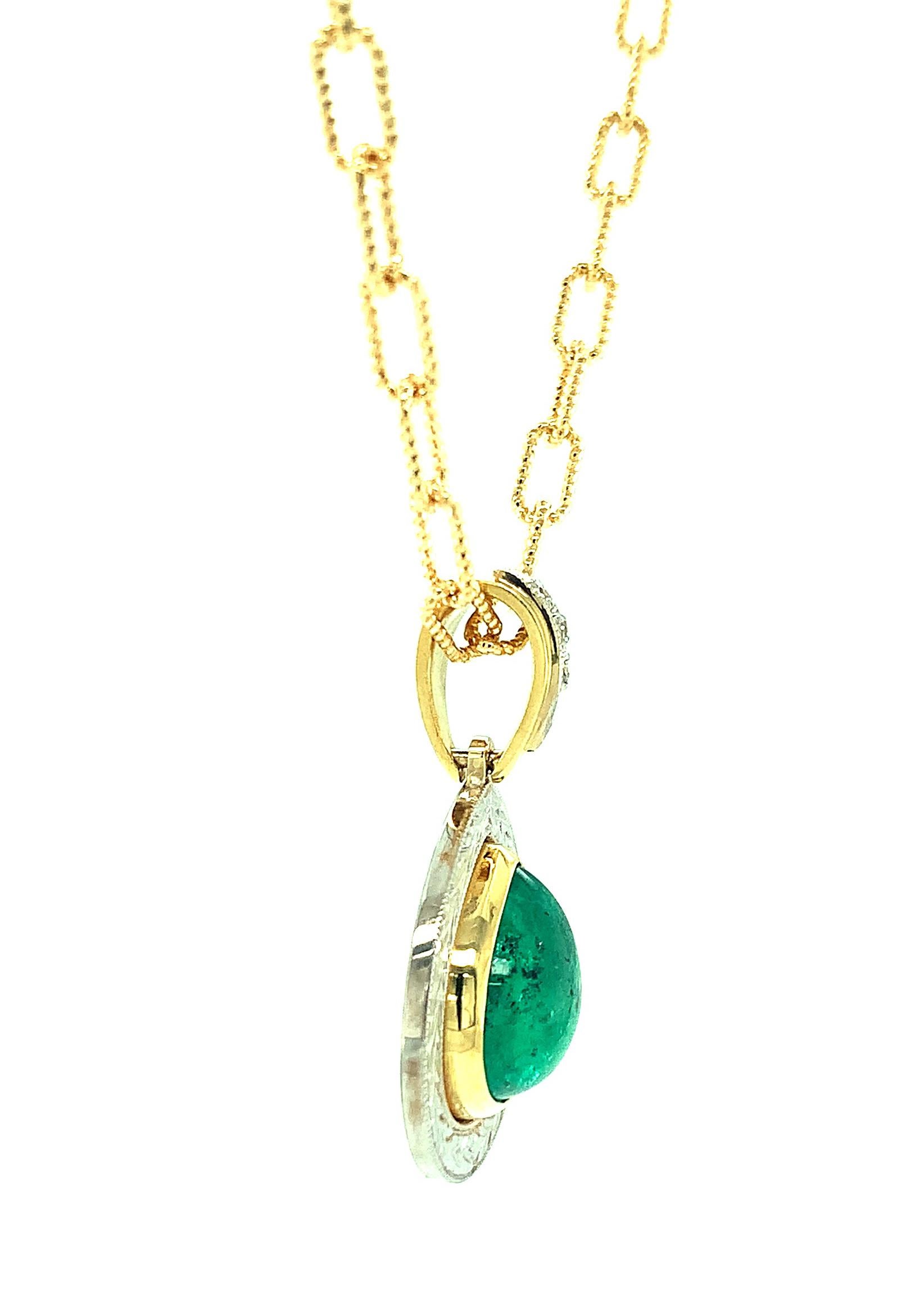 Artisan 5.24 ct. Emerald Pear Cabochon, Diamond Halo, Yellow, White Gold Drop Pendant