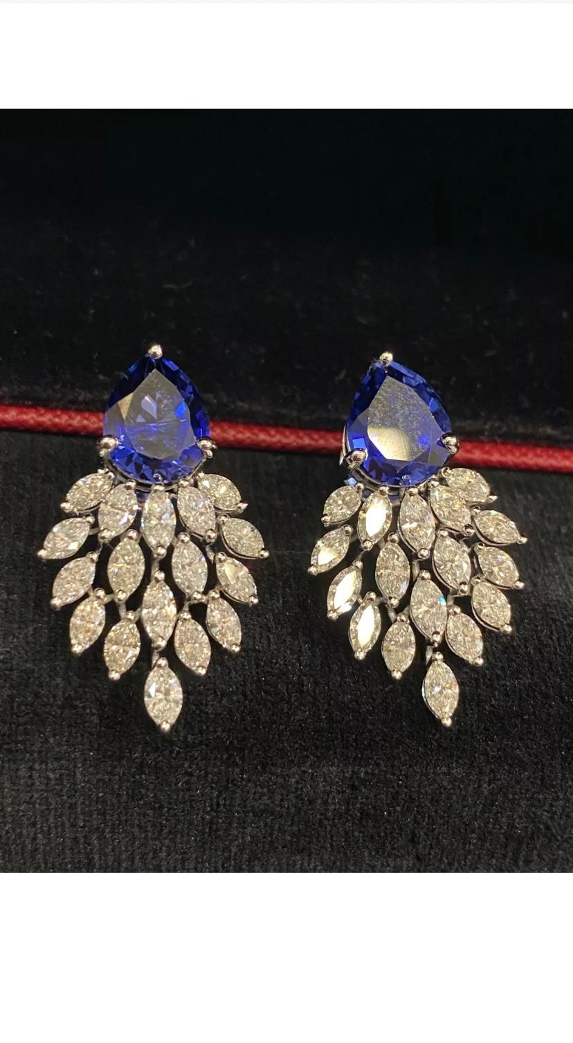 5.24 Cts Saphirs Naturels 3.69 Cts Diamants en forme de Marquise Boucles d'oreilles en or 14K en vente 4