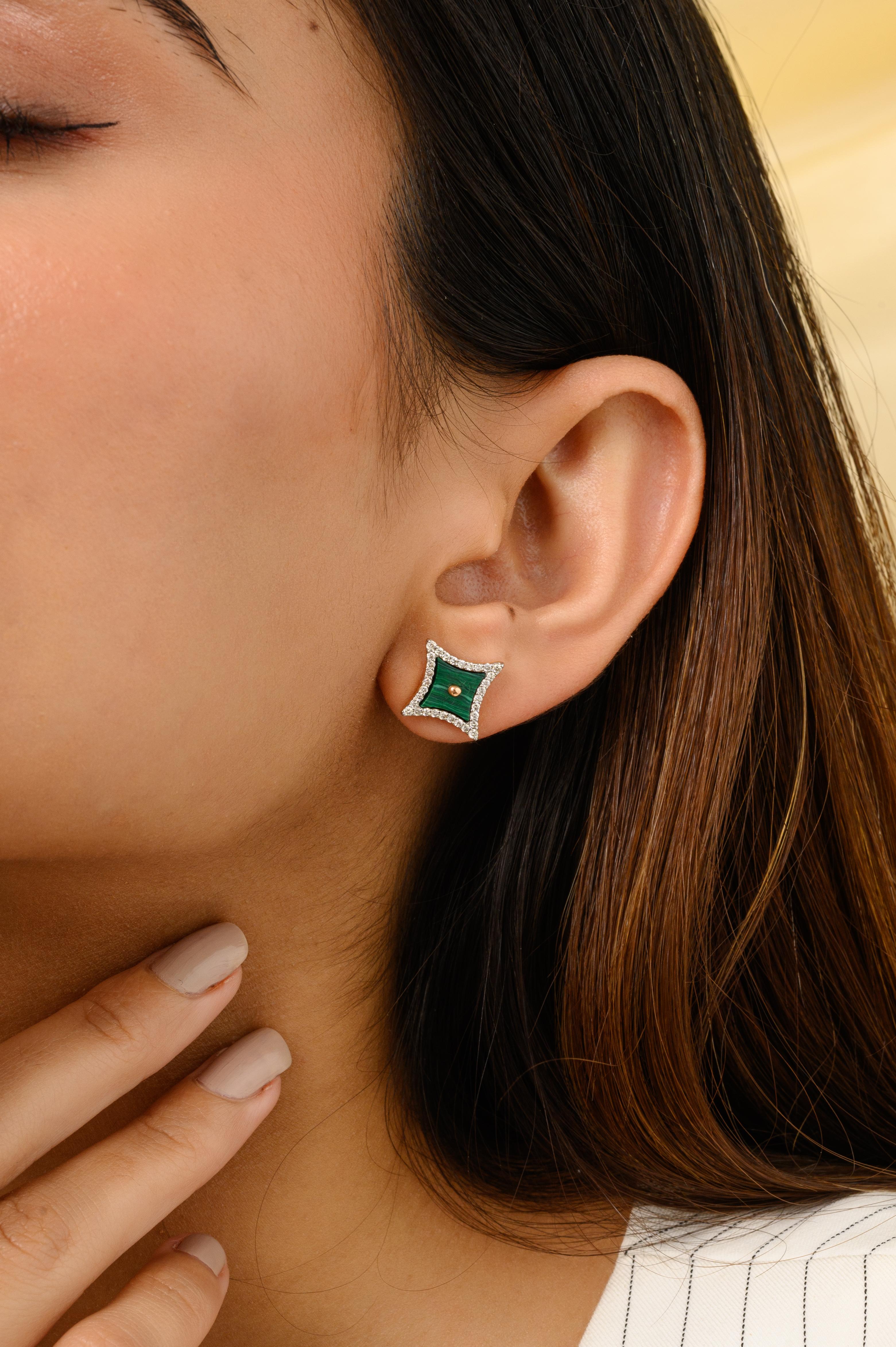 5.241 CTW Malachite Diamond Sparkle Shape Stud Earrings in 18K Gold to make a statement with your look. You shall need stud earrings to make a statement with your look. These earrings create a sparkling, luxurious look featuring fancy cut malachite