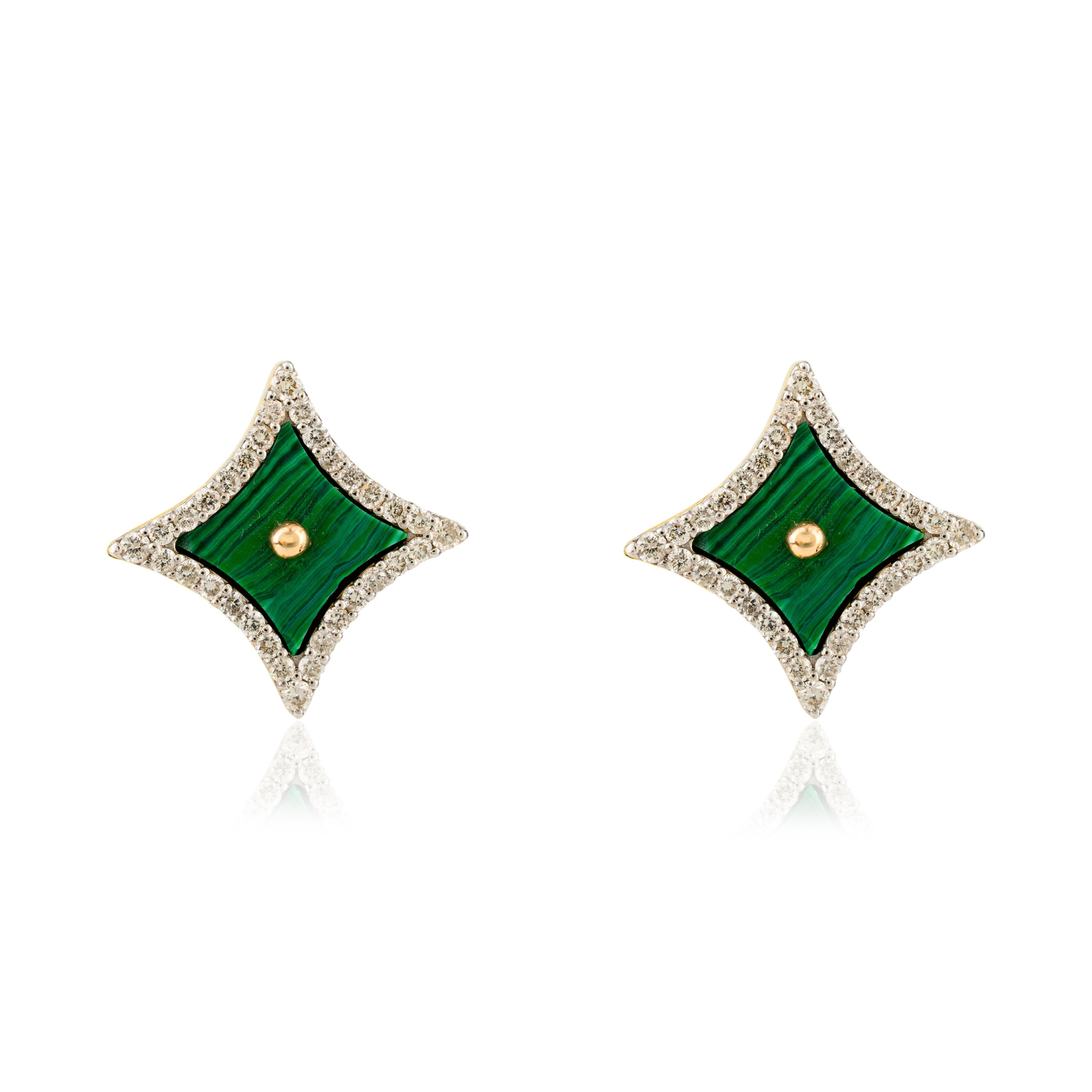 Uncut 5.241 CTW Malachite Diamond Sparkle Shape Stud Earrings in 18k Yellow Gold For Sale