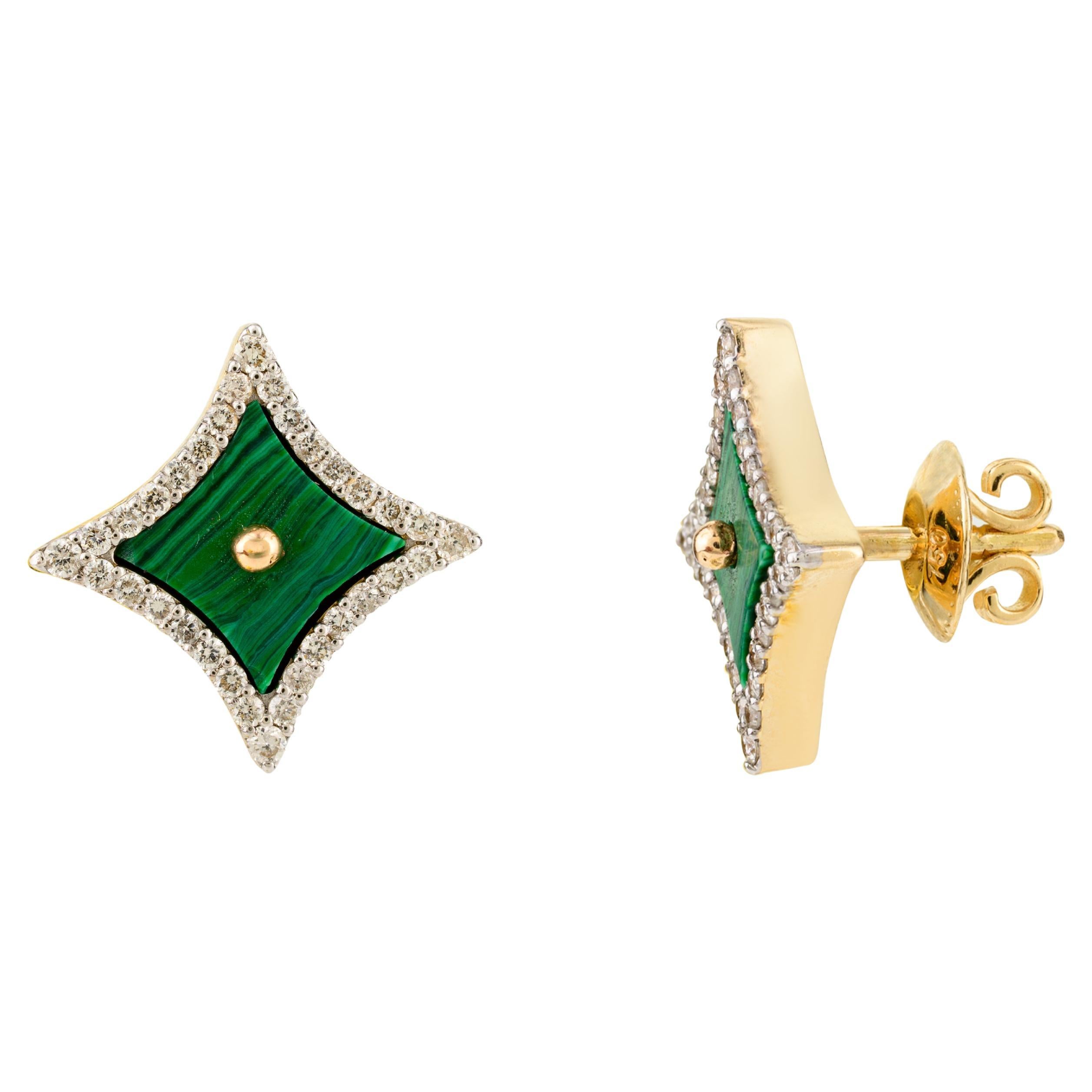 5.241 CTW Malachite Diamond Sparkle Shape Stud Earrings in 18k Yellow Gold For Sale