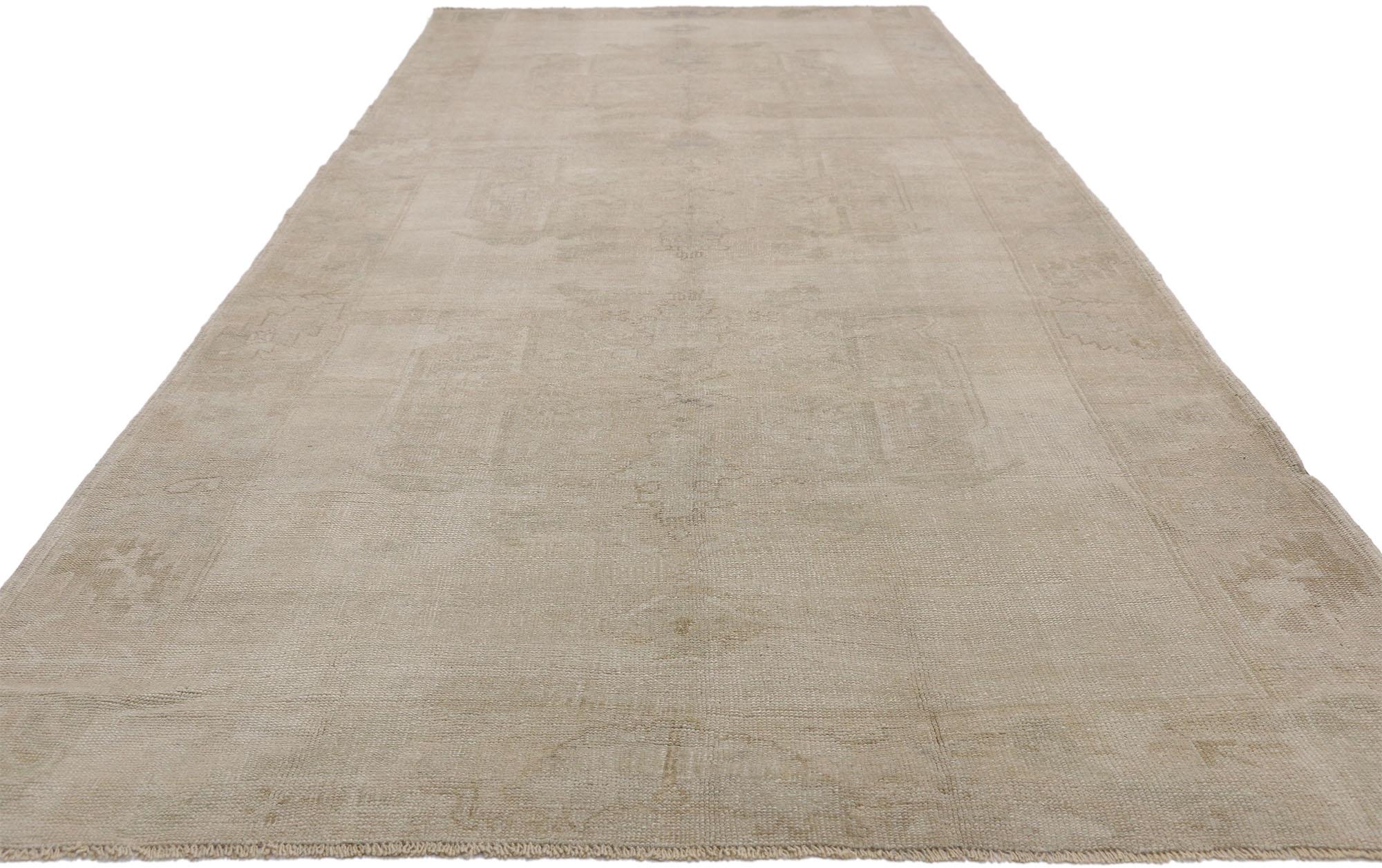 Hand-Knotted Vintage Turkish Oushak Gallery Rug with Rustic Style and Neutral Colors For Sale