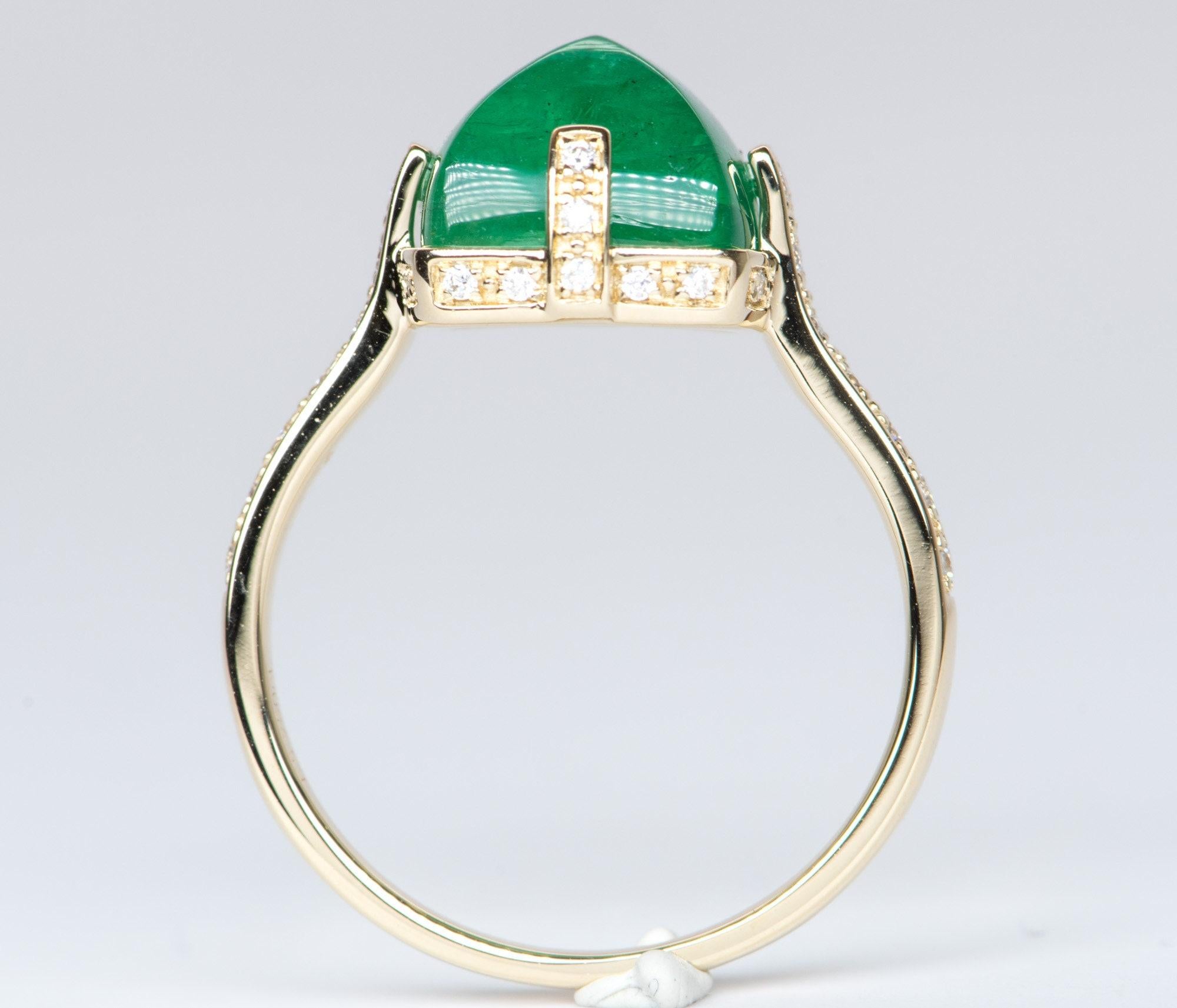 Emerald Cut 5.24ct Sugarloaf Emerald with Diamond Prongs Pave Band 14K Gold Statement Ring For Sale