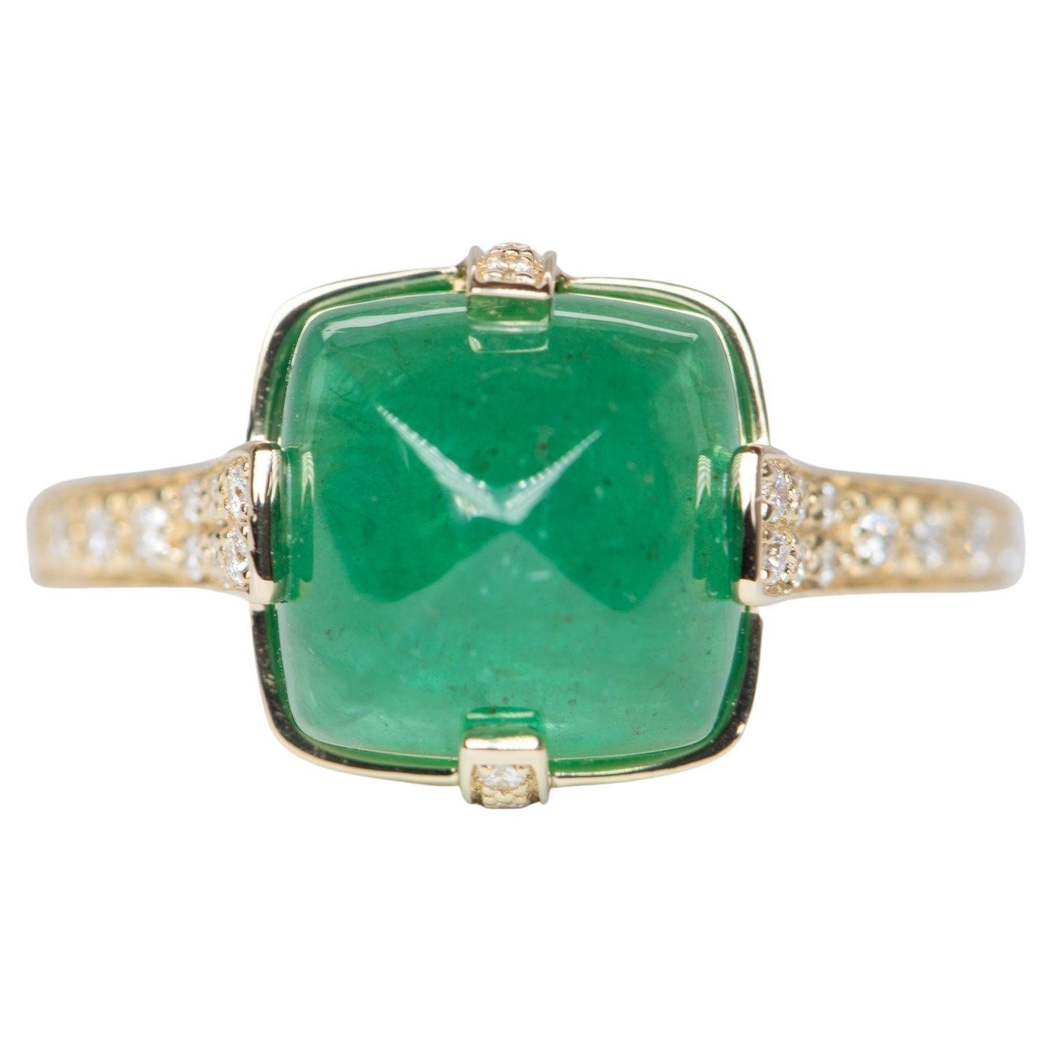 5.24ct Sugarloaf Emerald with Diamond Prongs Pave Band 14K Gold Statement Ring For Sale