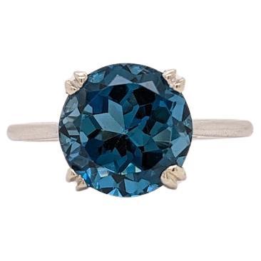 5.24ct Vibrant London Blue Topaz Solitaire Ring in 14K White Gold Round 10mm