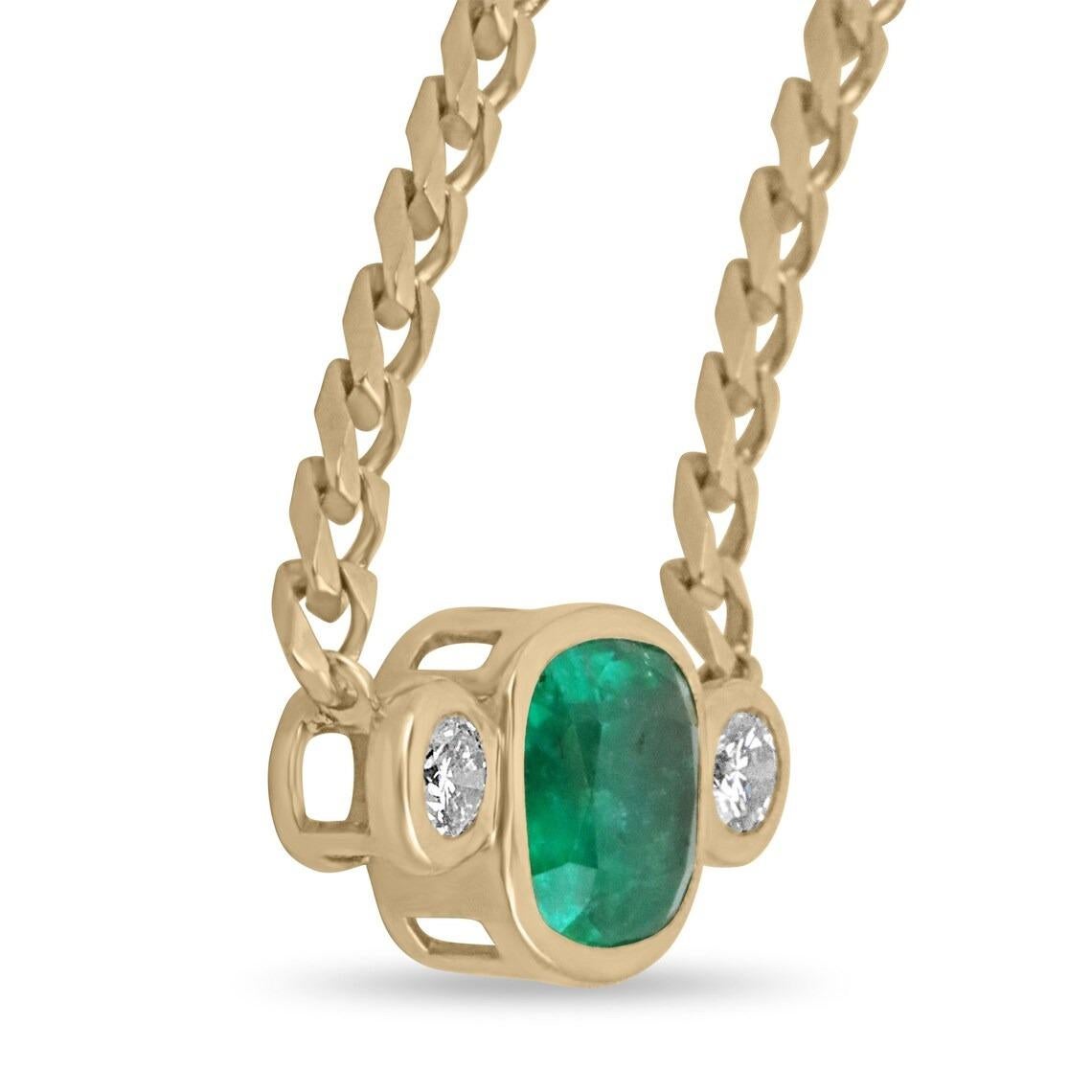 Chain Style: Flat Curb Chain
Chain Material: 14K Yellow Gold
Chain Length: 20-inches

Setting Style: Bezel
Setting Material: 14K Yellow Gold
Setting Weight: 17.4 Grams

Main Stone: Emerald
Shape: Cushion Cut
Weight: 4.68-Carats
Clarity: