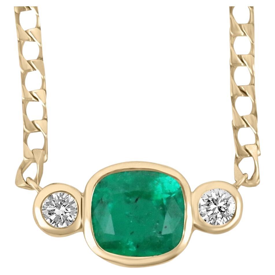 5.24tcw 14K Colombian Emerald-Cushion Cut & Diamond Three Stone Gold Necklace For Sale