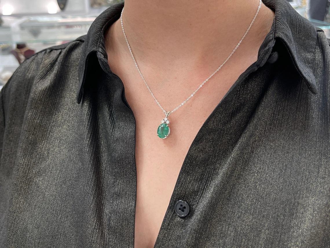 5.24tcw 14K Natural Emerald-Oval Cut & Diamond Accent White Gold 4Prong Pendant In New Condition For Sale In Jupiter, FL