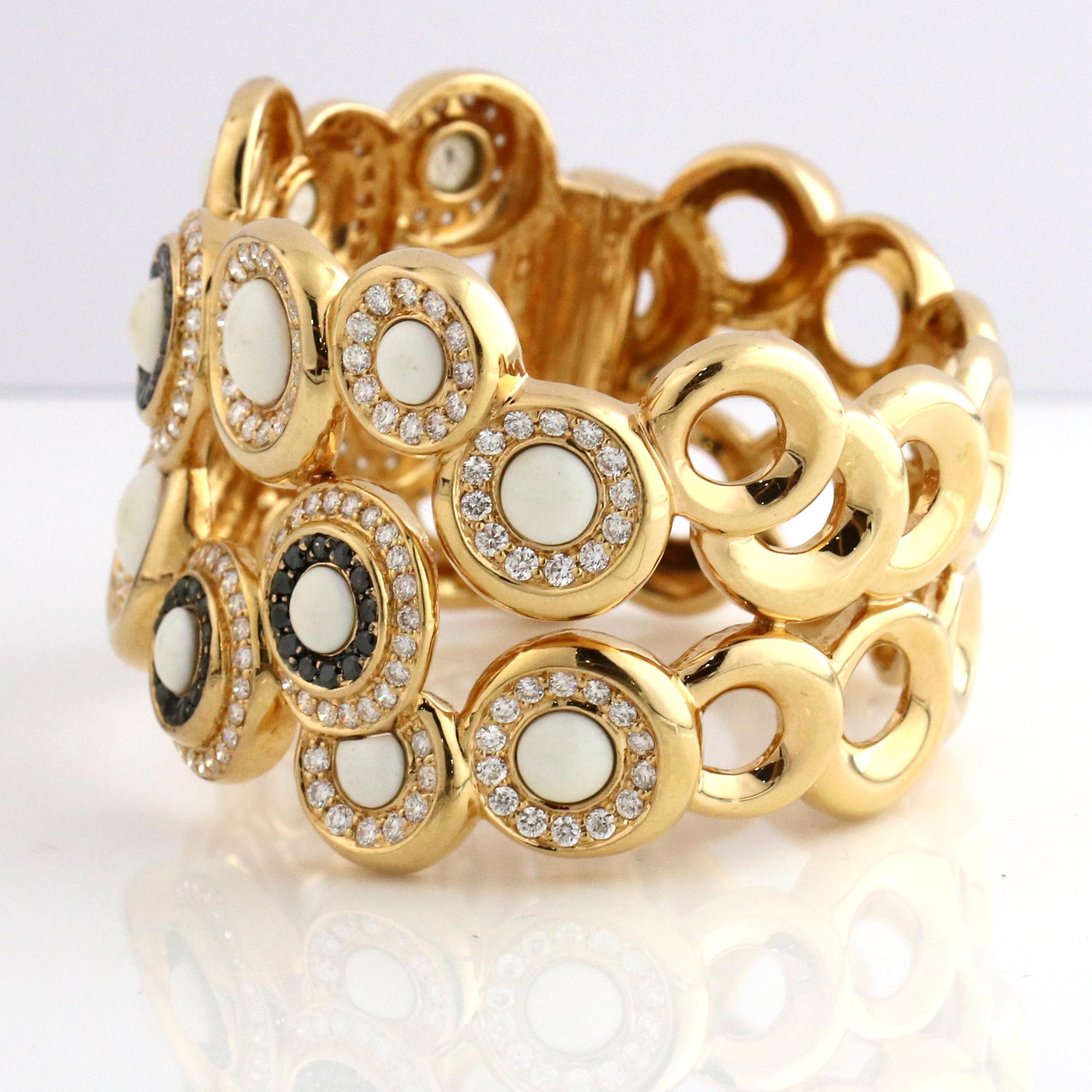 Women's 5.25 Carat 18 Karat Yellow Gold White Coral Black Diamond Hinged Cuff Bracelet For Sale